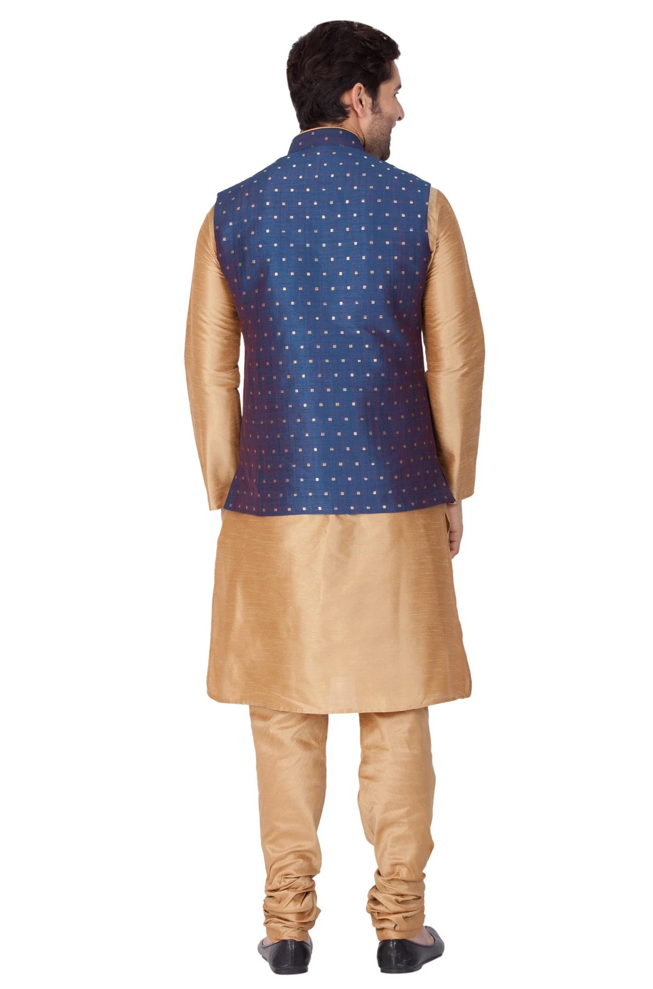 Men's Blue Zari Weaved Jacket With Kurta Pyjama Set - Image 3
