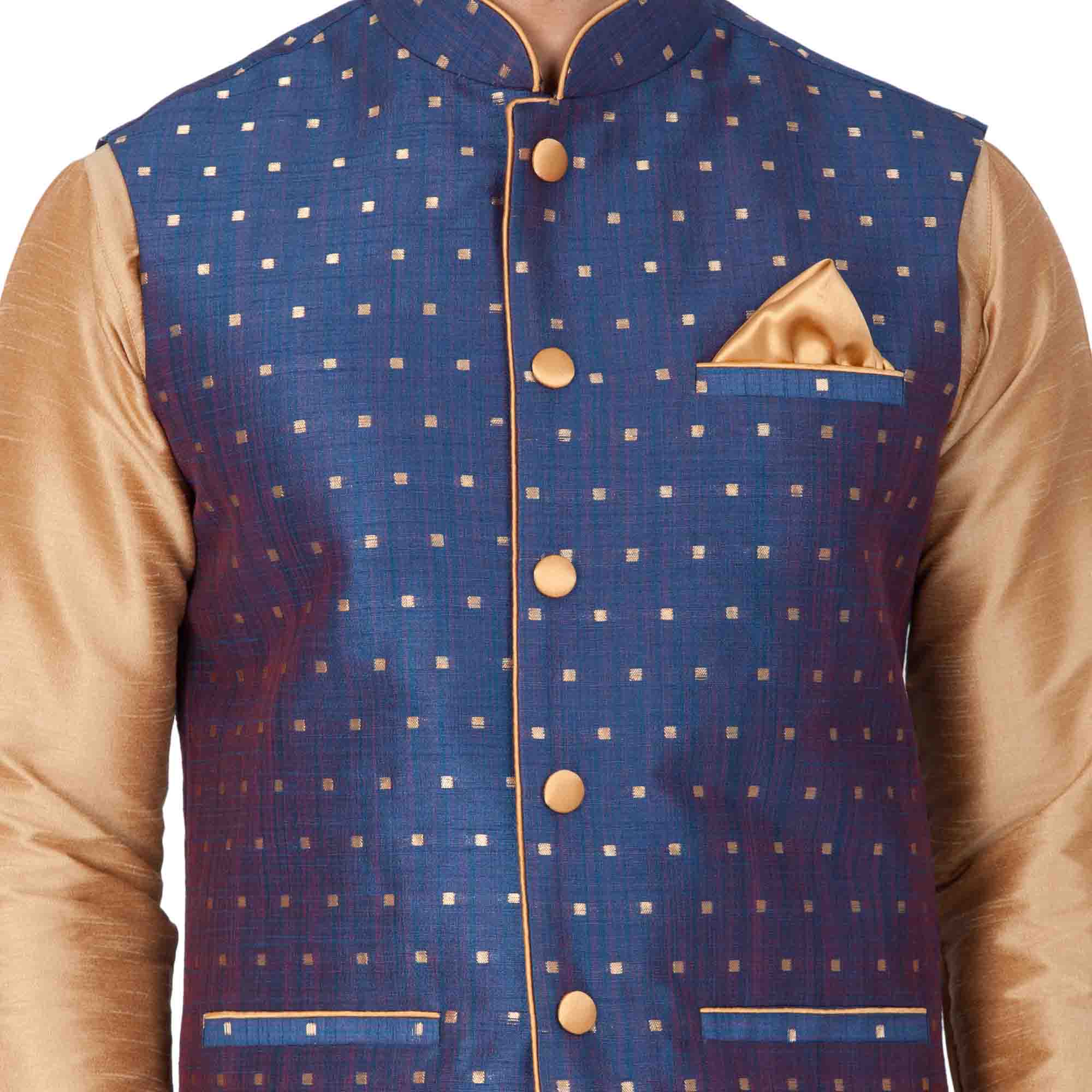 Men's Blue Zari Weaved Jacket With Kurta Pyjama Set - Image 4