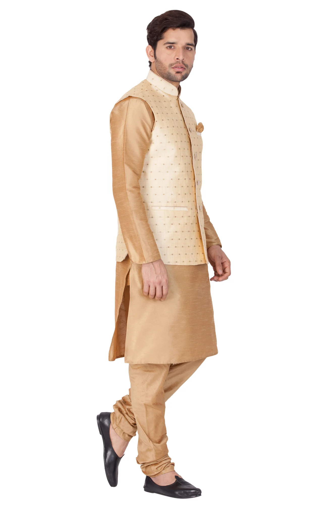 VASTRAMAY Men's Gold Zari Weaved Jacket With Kurta Pyjama Set - Image 2