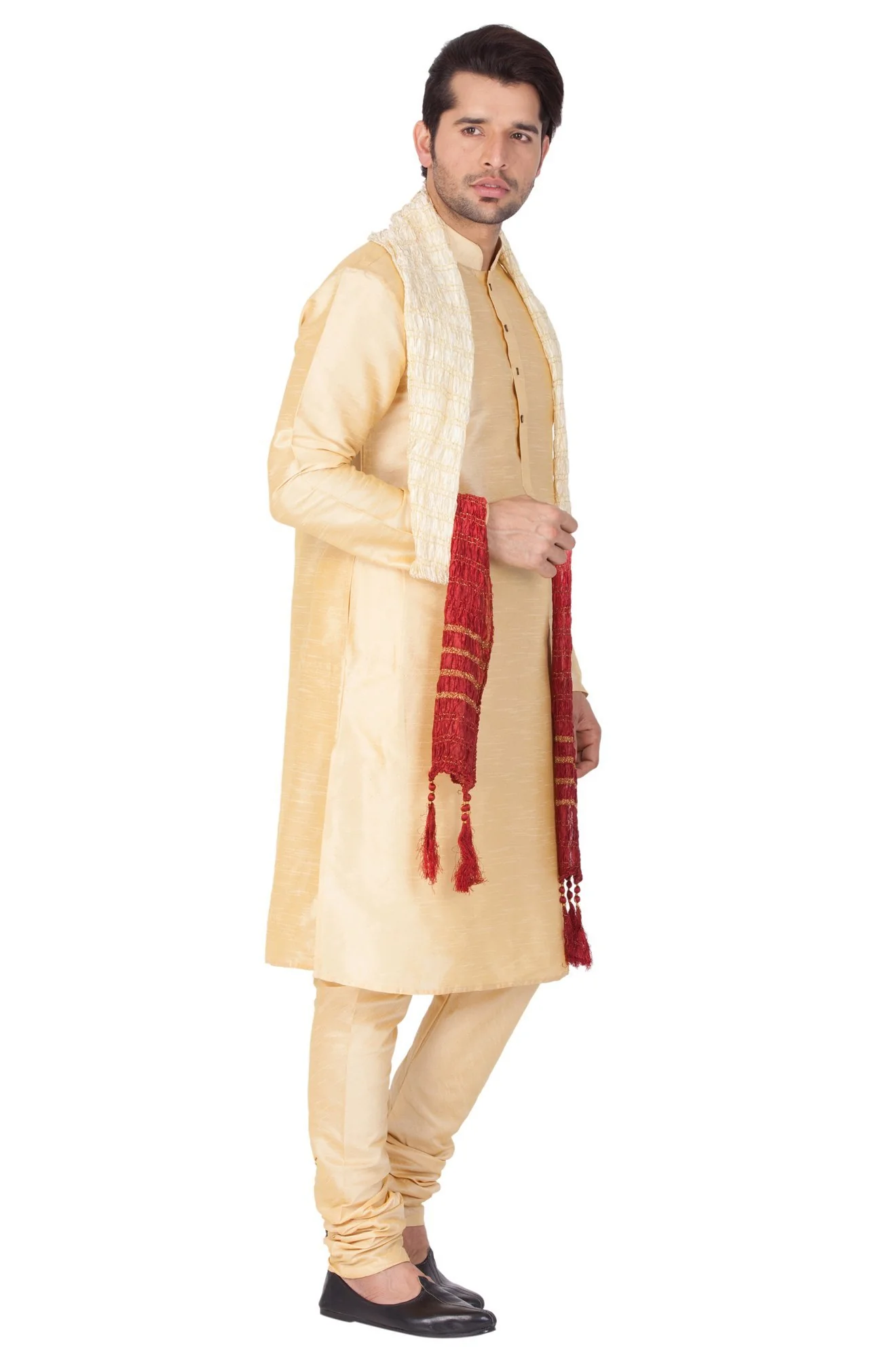 VASTRAMAY Men's Gold Cotton Silk Blend Kurta, Pyjama & Dupatta Set - Image 2