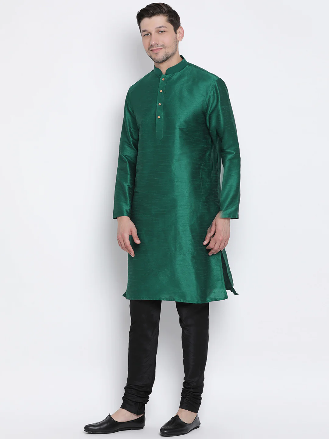 Men's Green Cotton Silk Blend Kurta and Pyjama Set - Image 2