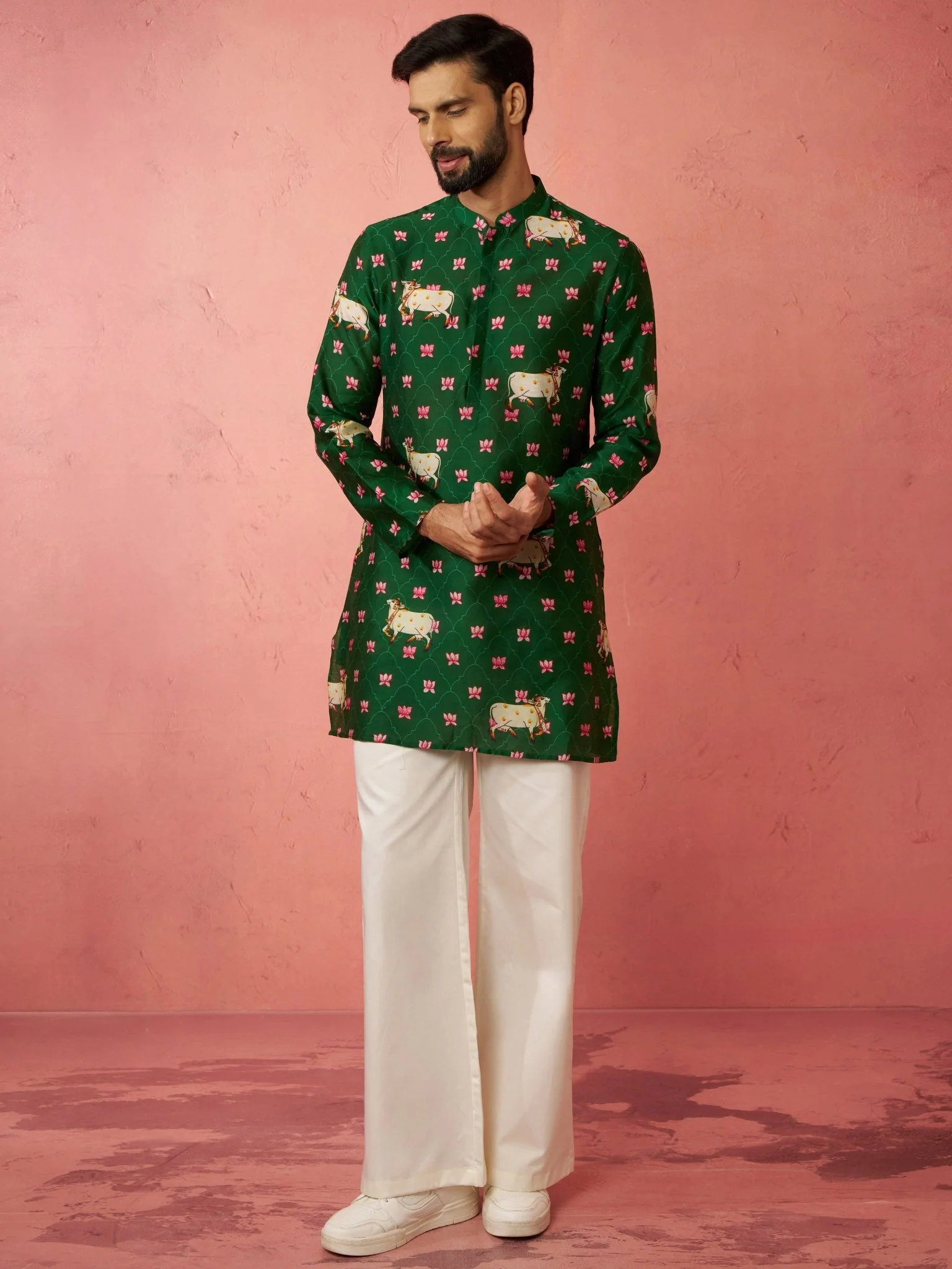 Men's Green Digital Print Kurta with Cream Satin Palazzo - Image 3