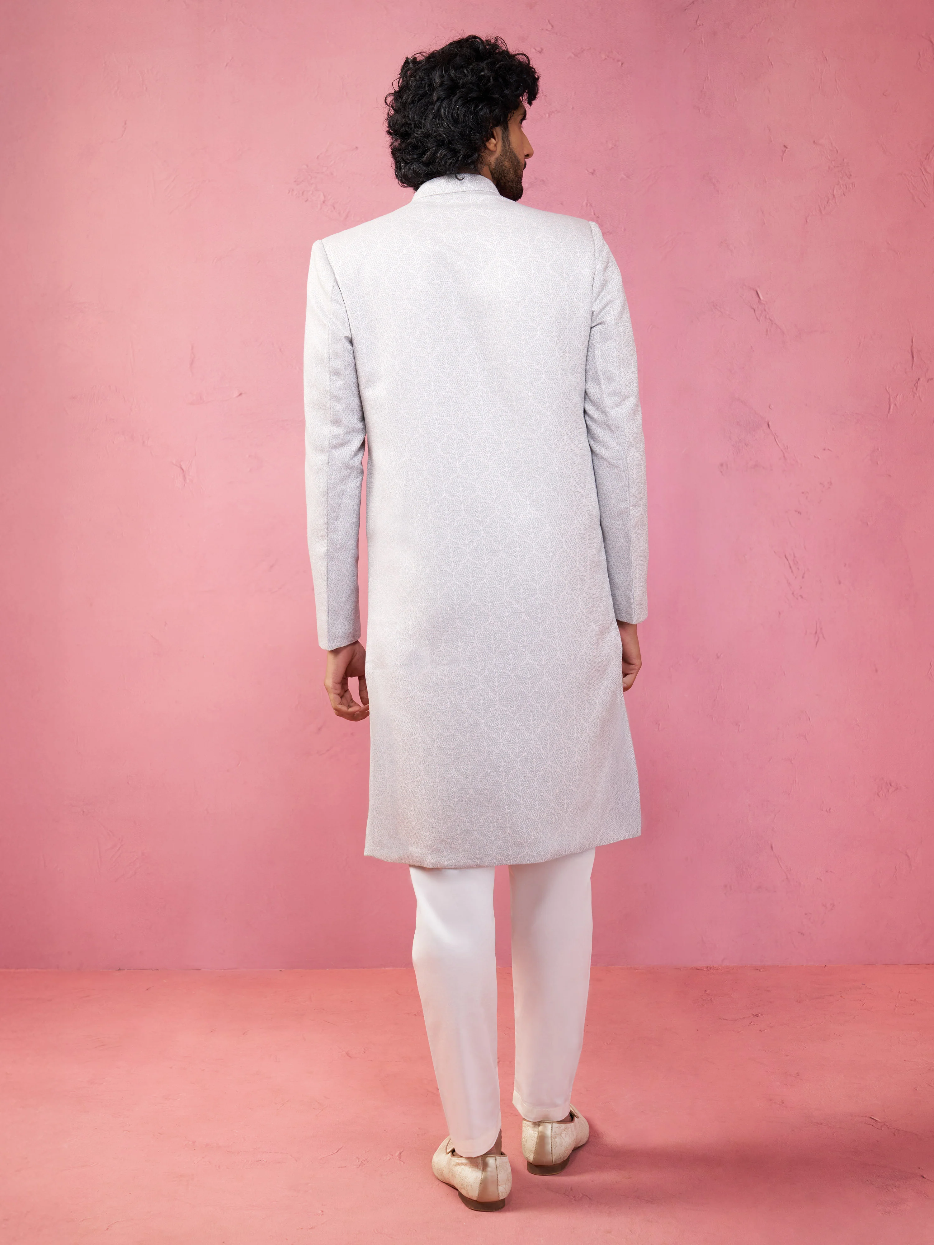 Men's Grey Silk Blend Sherwani Set with Cream Pyjama - Image 5