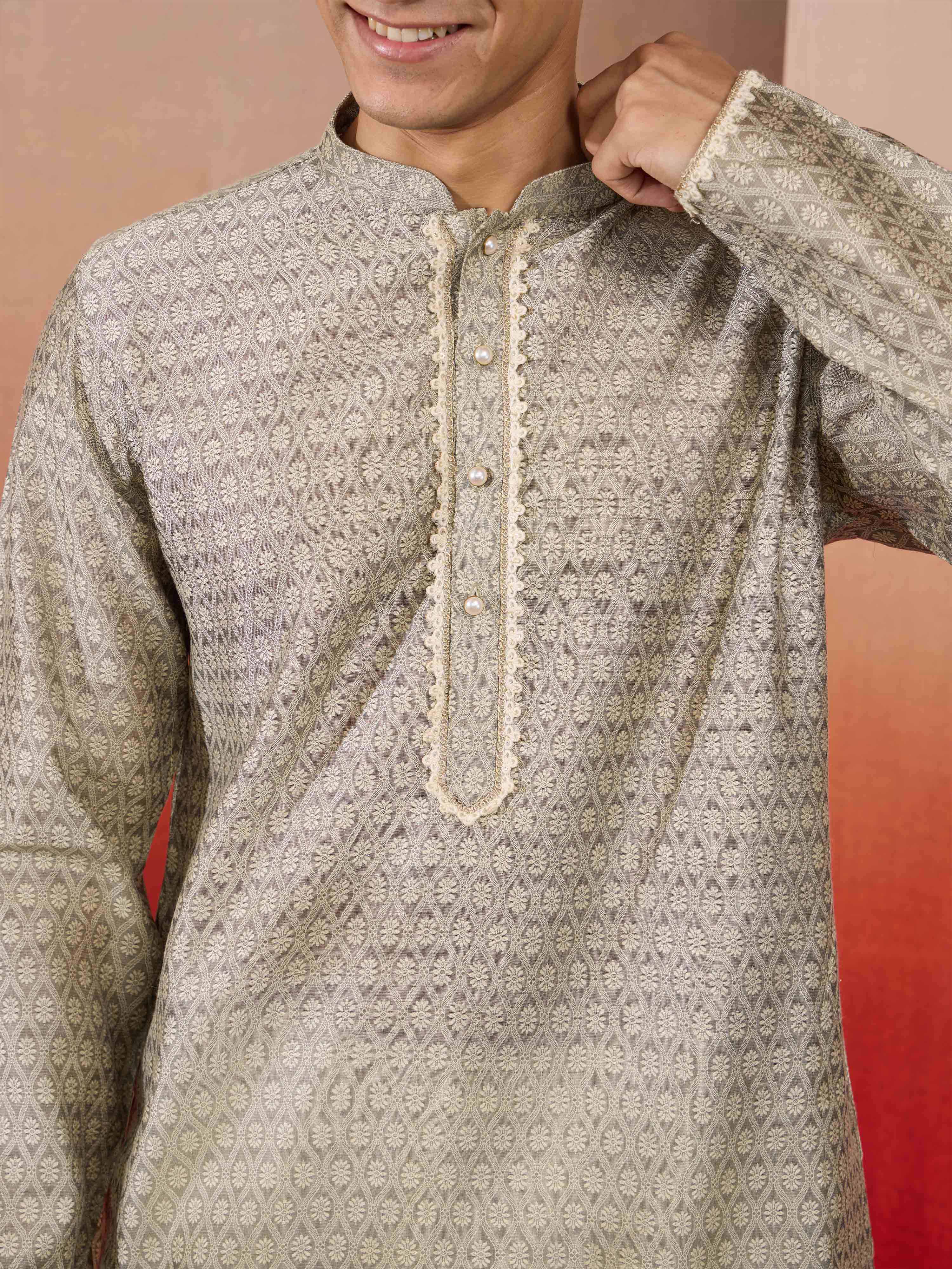 Men's Grey Silk Jacquard Kurta - Image 2