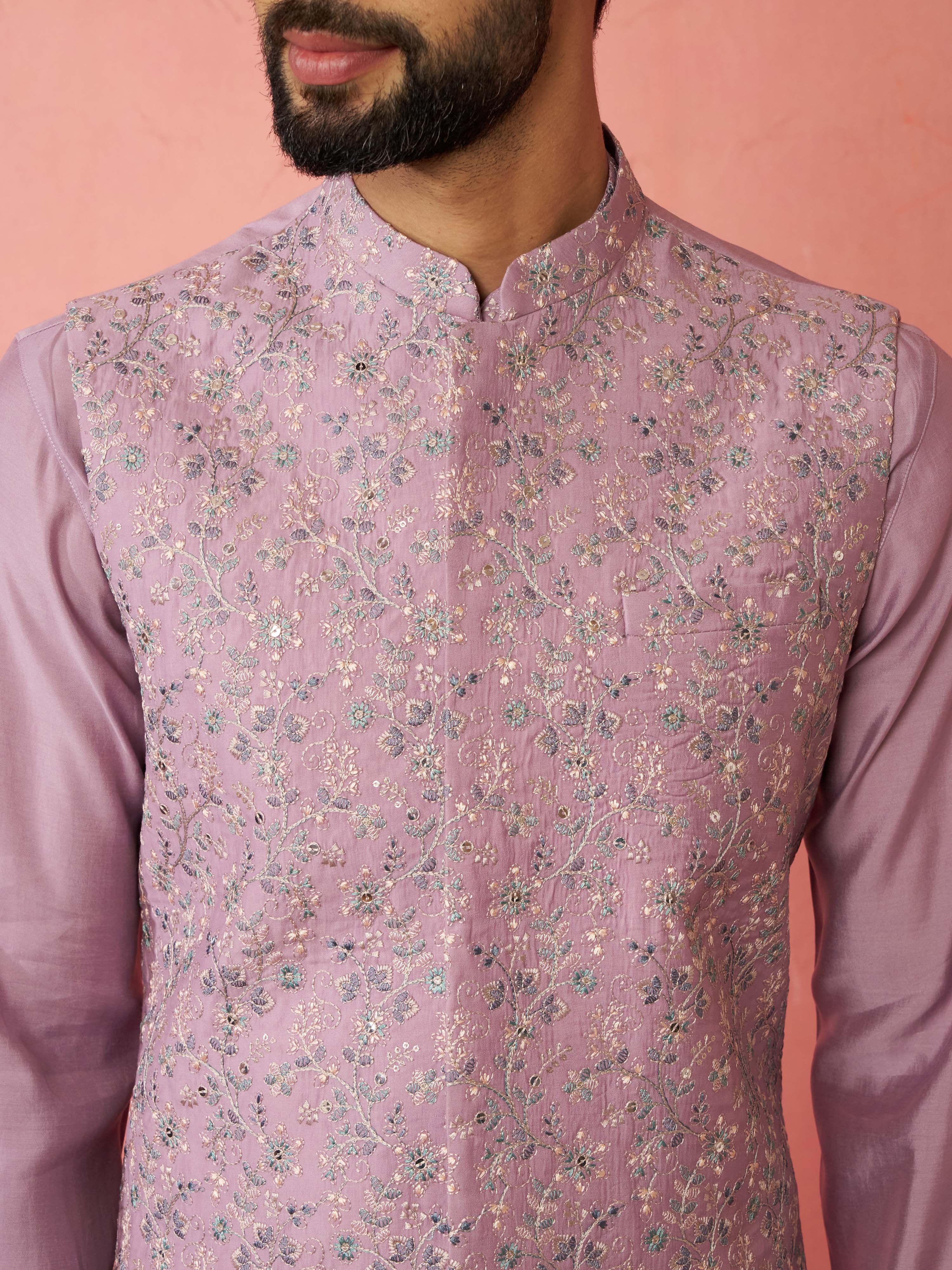 Men's Lavender Kurta Jacket Set with Cream Pyjama - Image 2