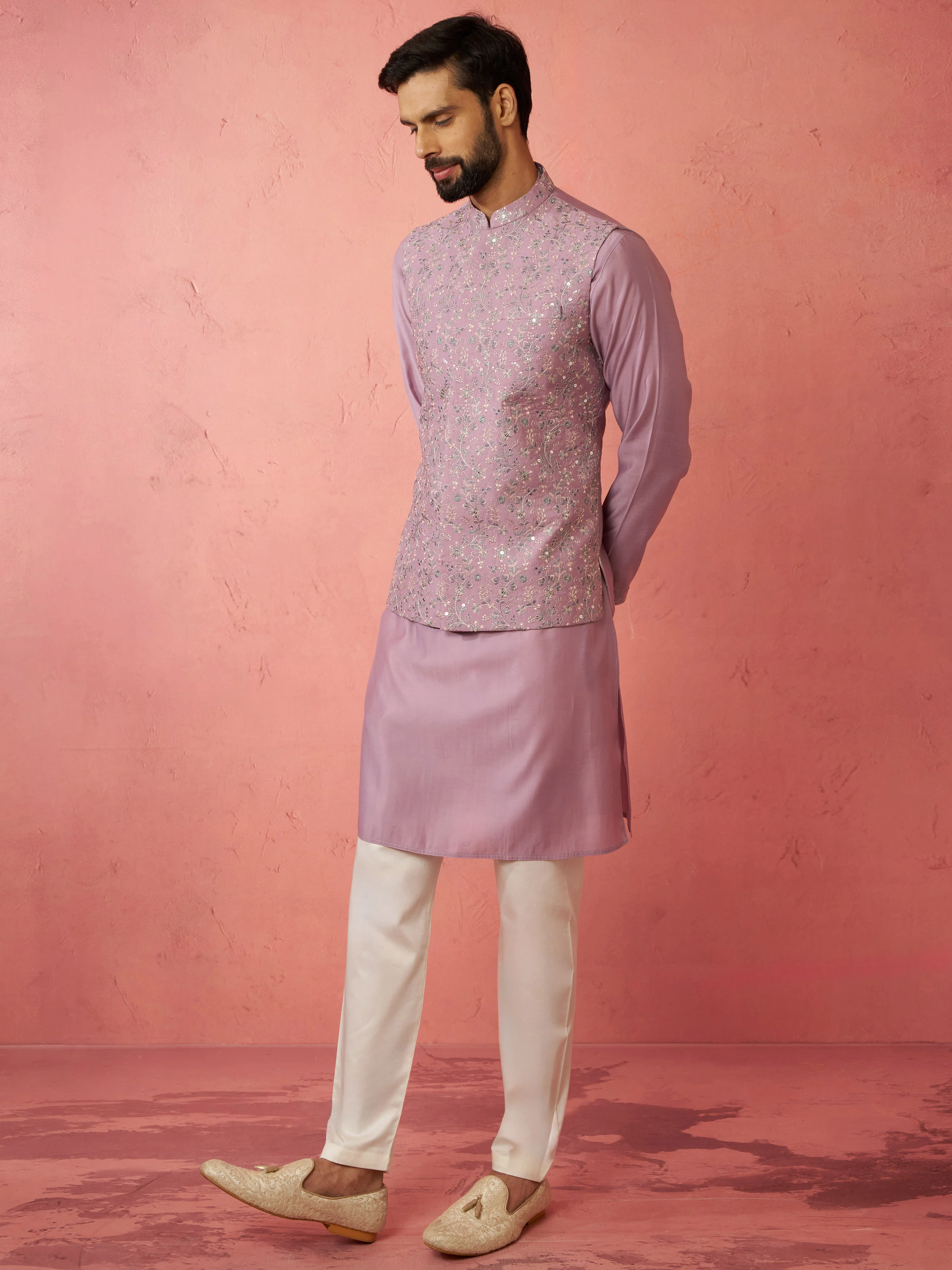 Men's Lavender Kurta Jacket Set with Cream Pyjama - Image 4
