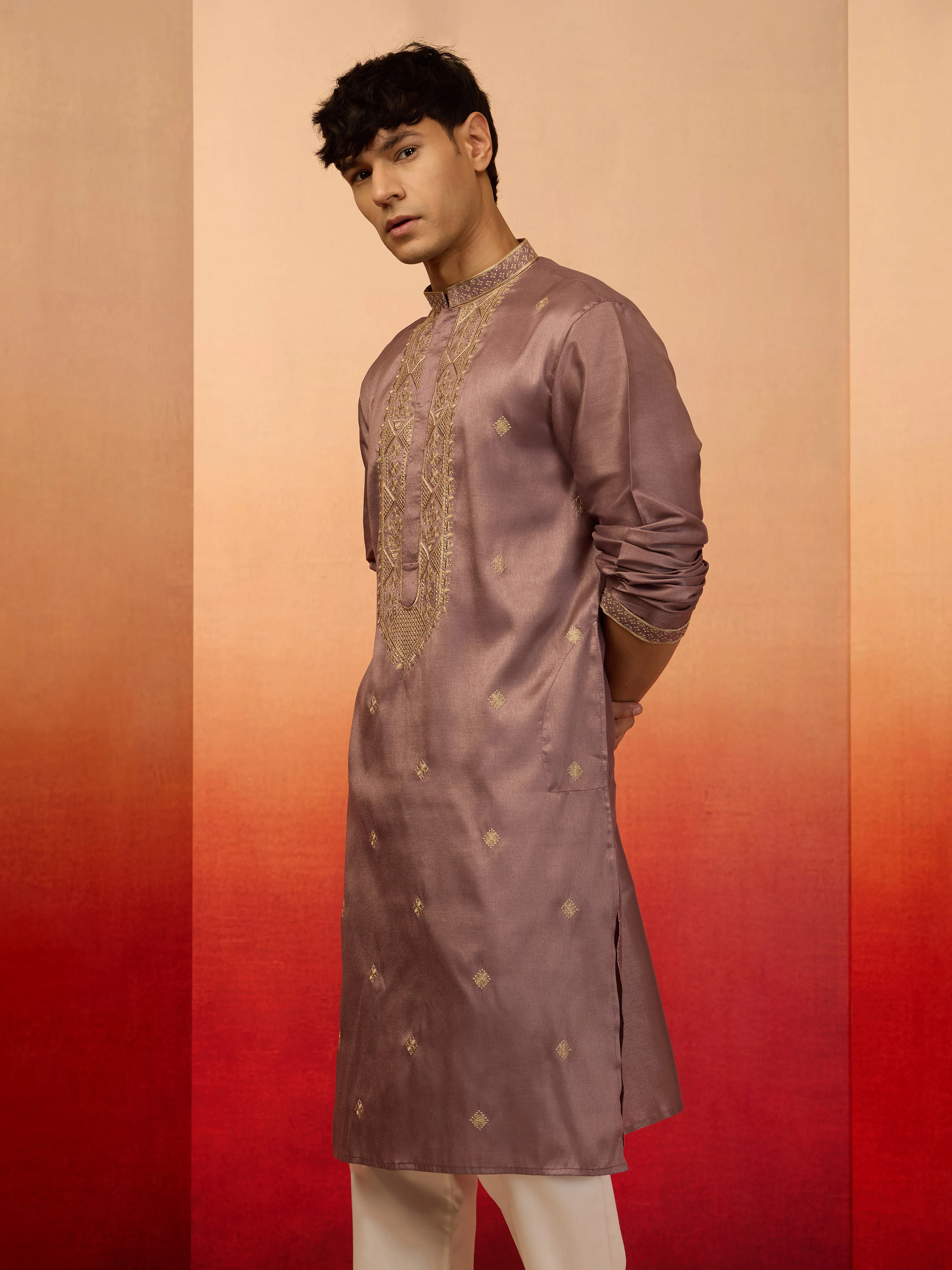 Men's Lavender Resham Embroidered Silk Kurta - Image 4