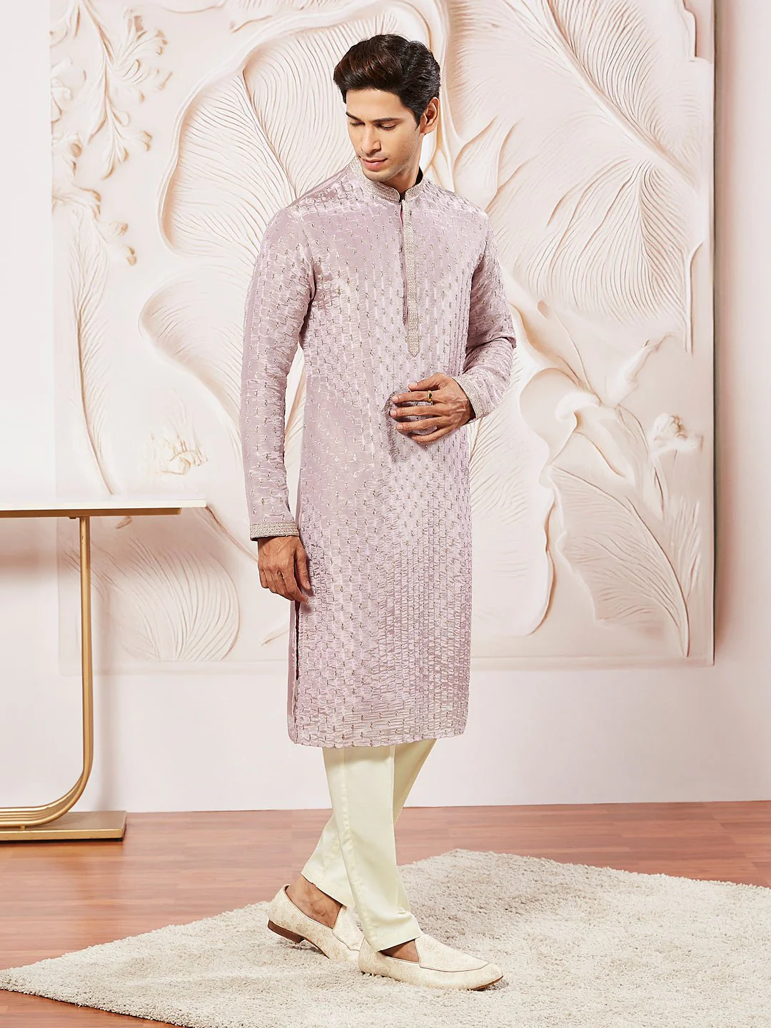 Men's Lavender Tissue Silk Zari Embroidered Kurta with Satin Pyjama Set - Image 4