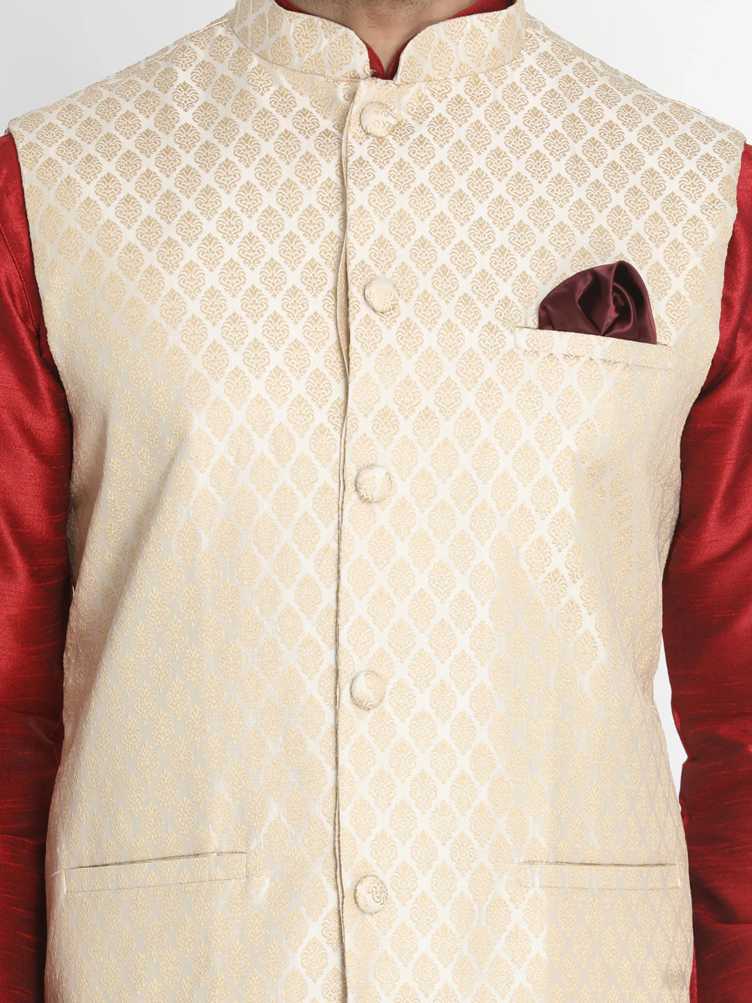 VASTRAMAY Men's Cream Silk Blend Jacket With Kurta Pyjama Set - Image 3