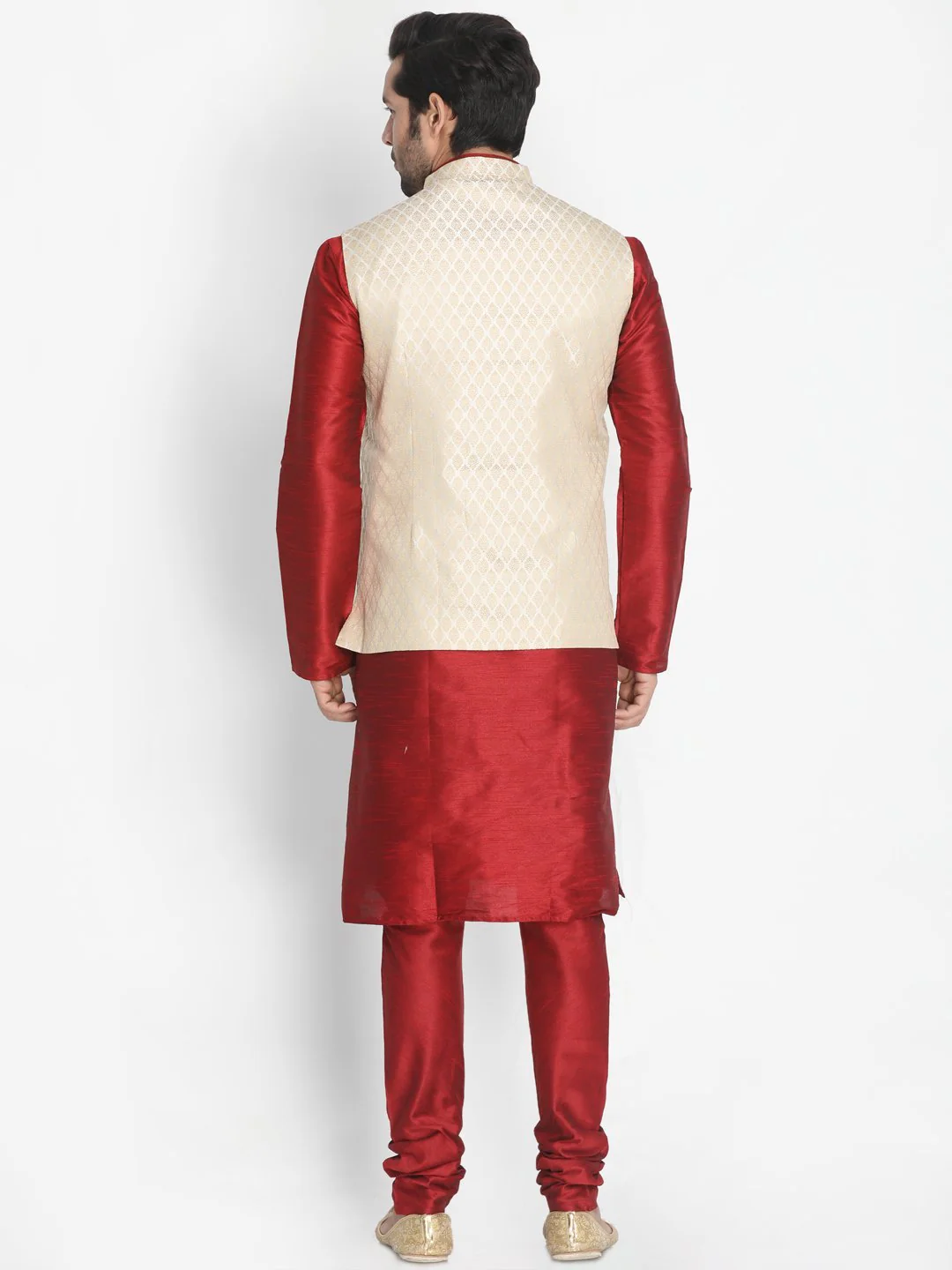VASTRAMAY Men's Cream Silk Blend Jacket With Kurta Pyjama Set - Image 4