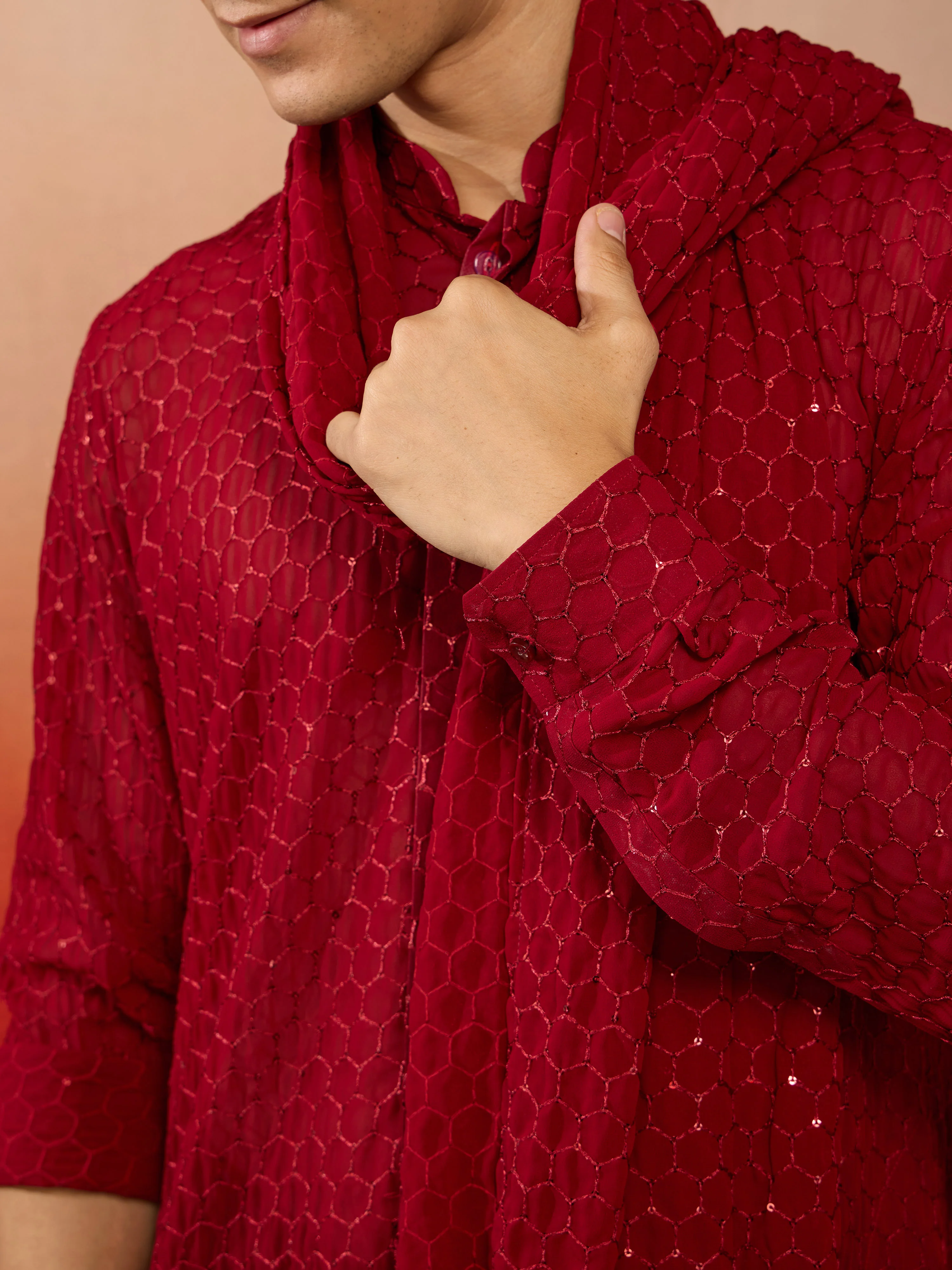 Men's Maroon Georgette Plain Dupatta - Image 3