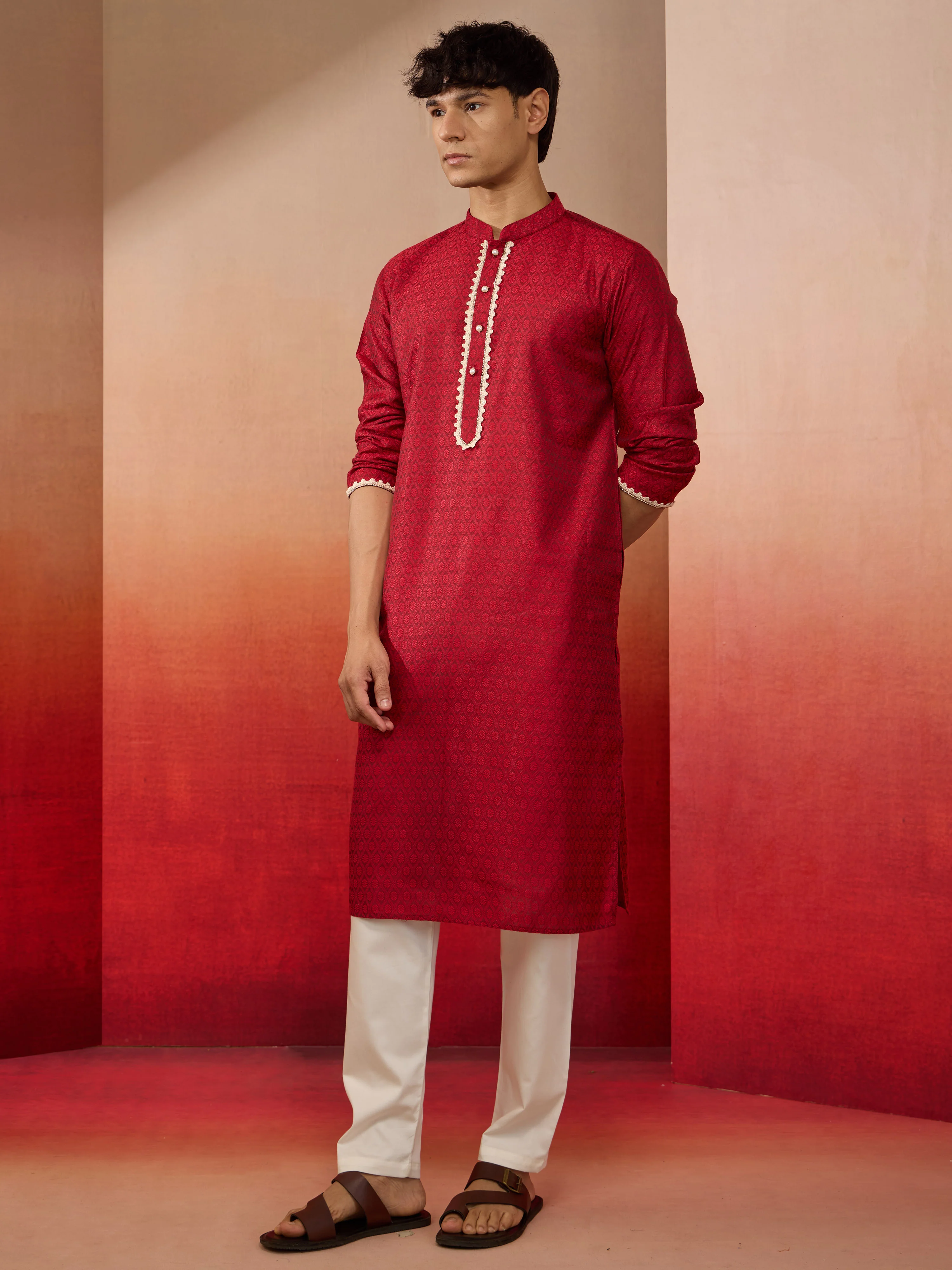 Mens Maroon Jacquard Kurta with Pyjama - Image 4