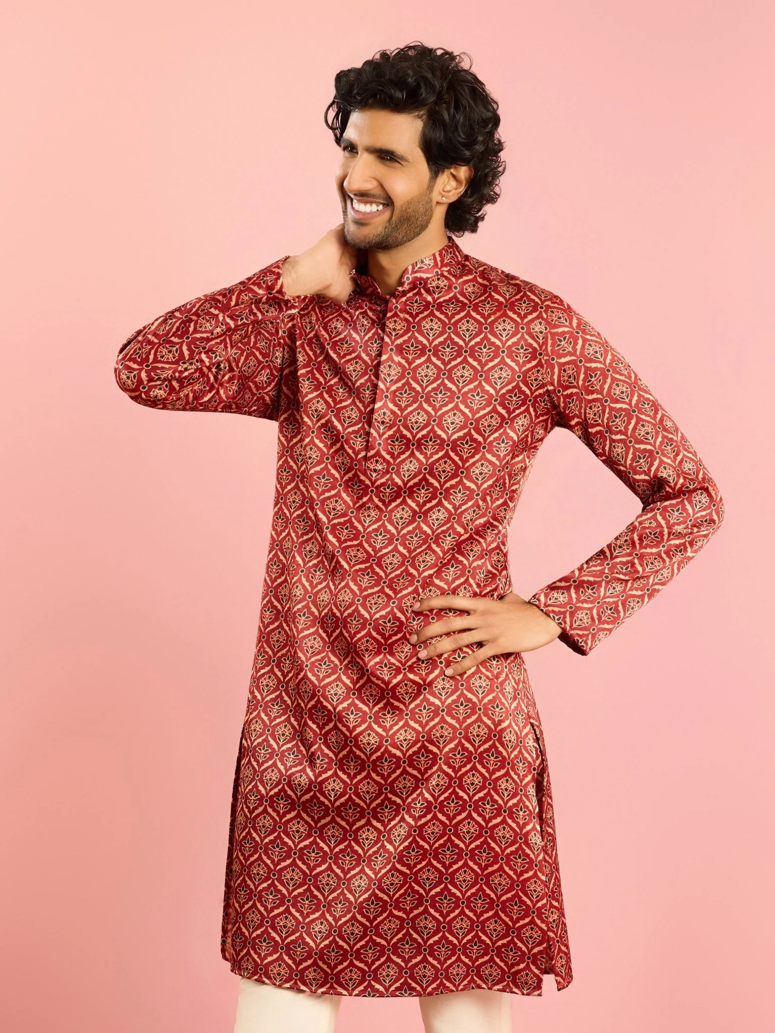 Men's Maroon Silk Blend Kurta - Image 4