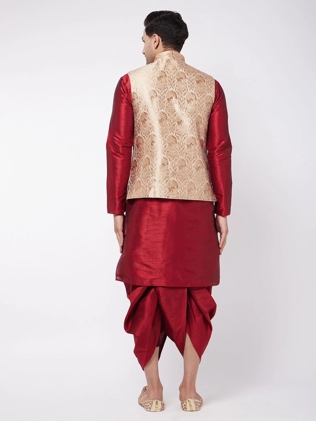 Men's Rose Gold Jacquard Jacket With Kurta Dhoti Set - Image 3