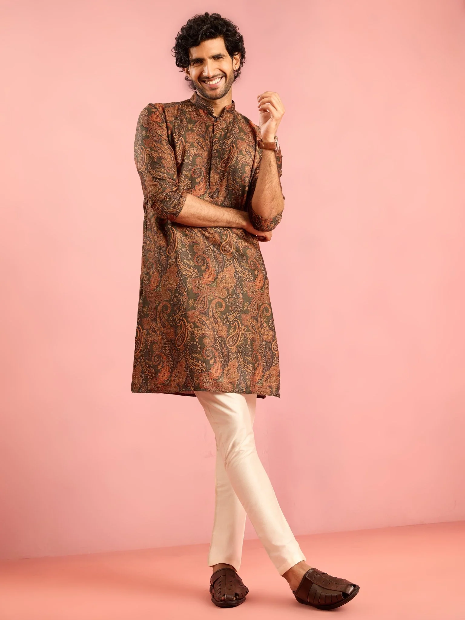 Men's Mehendi Green Cotton Blend Kurta - Image 6