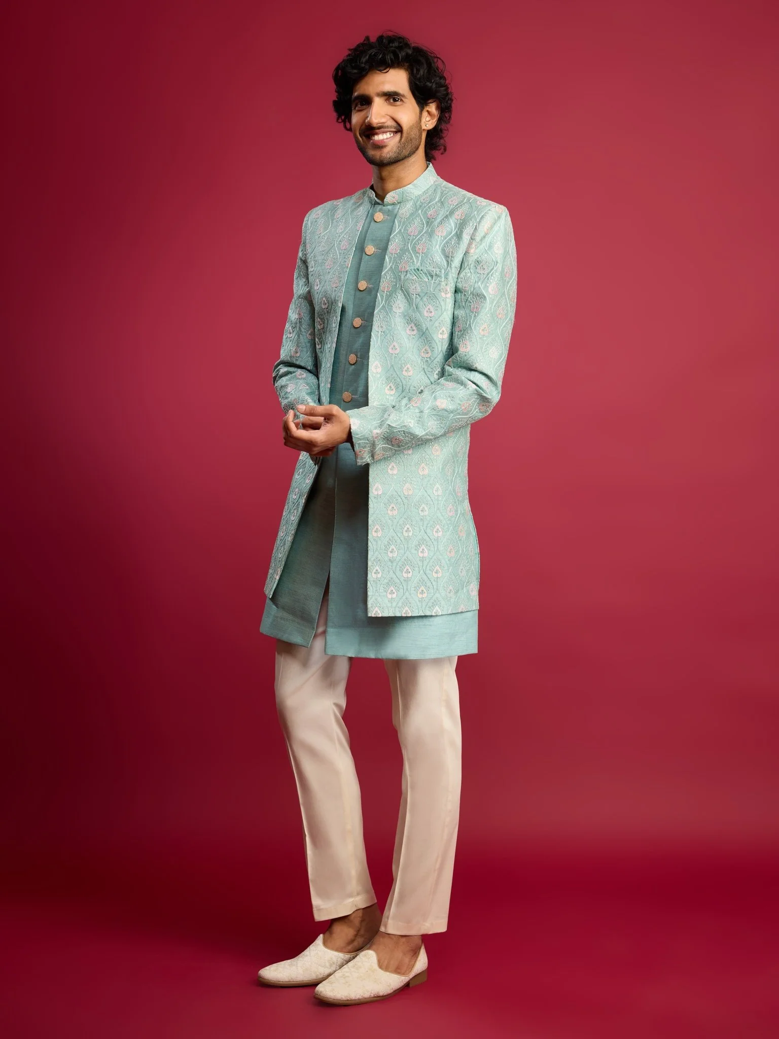 Men's Mint Green Embroidered Silk Blend Indo-Western with Cream Pant Style Pyjama - Image 3