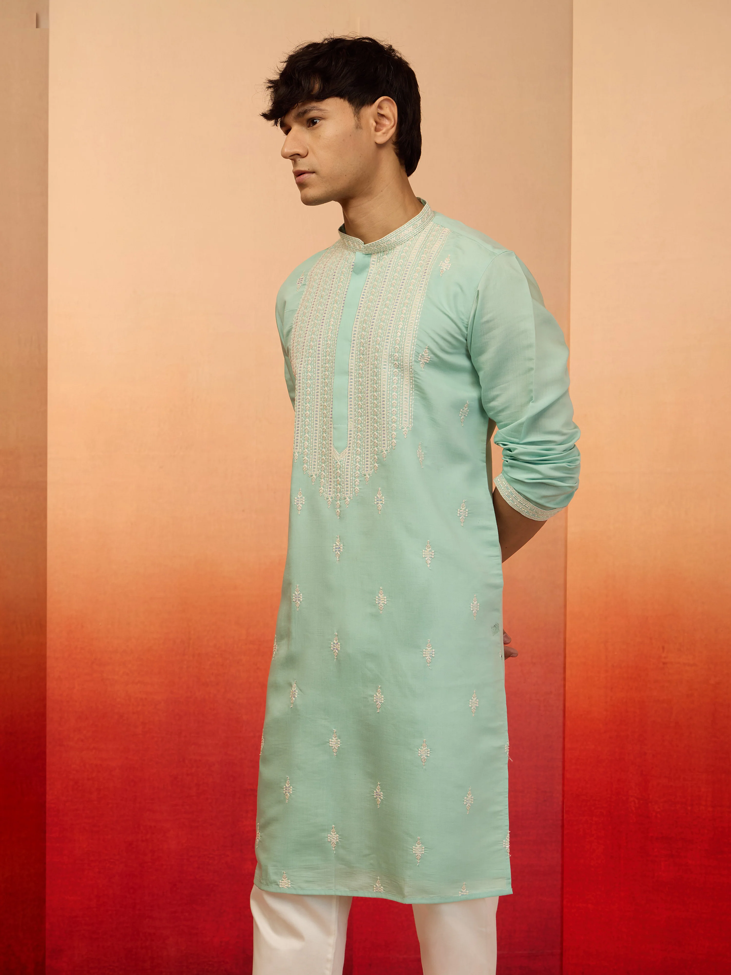 Men's Mint Green Embroidered Silk Kurta - Image 4
