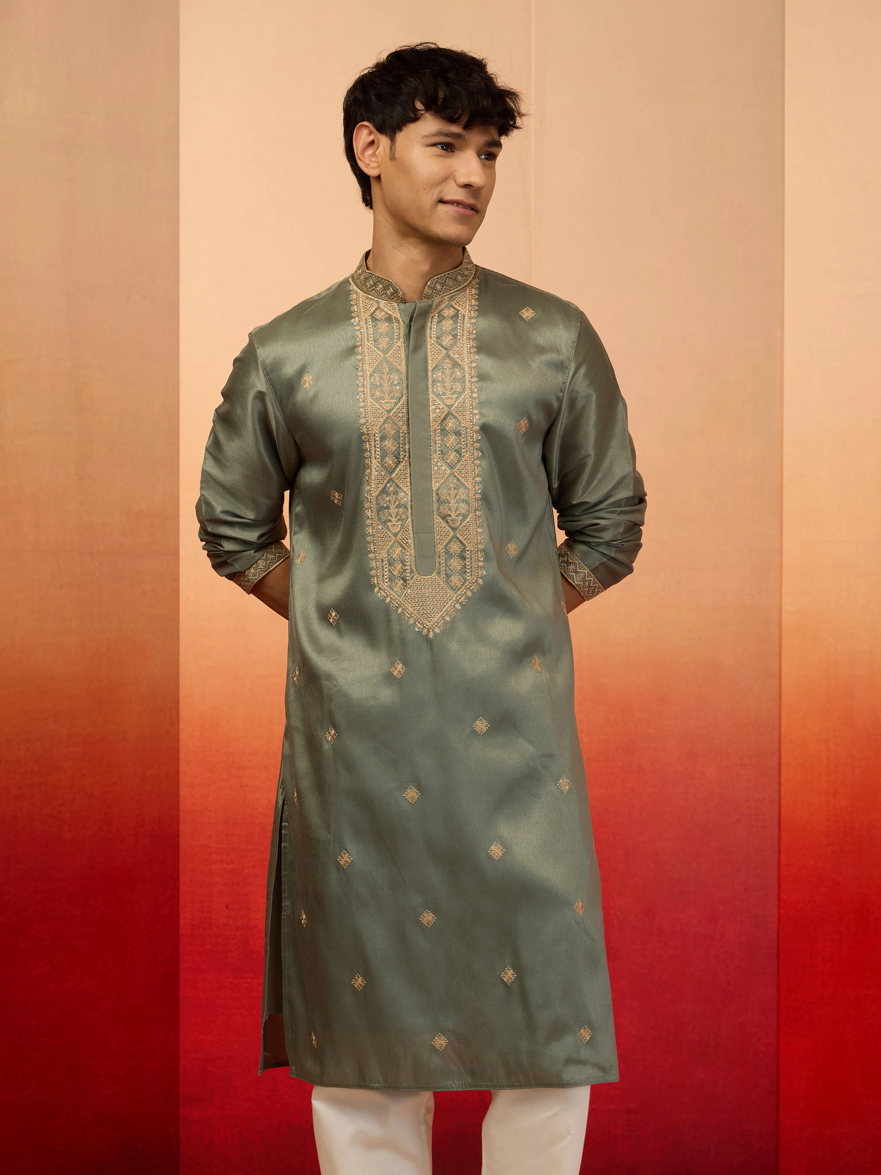 Men's Mint Green Resham Embroidered Silk Kurta - Image 3