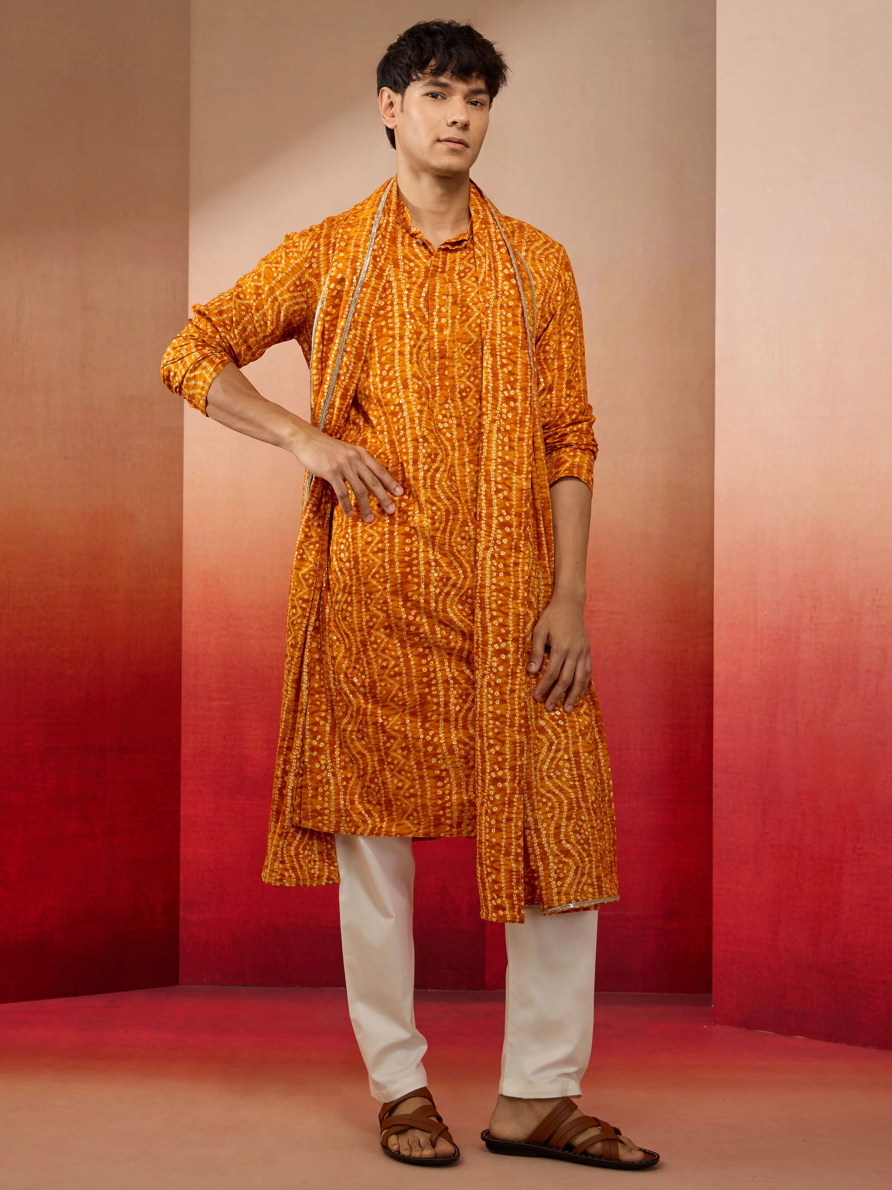 Mens Mustard Bandhani Kurta Set with Cream Pant and Dupatta - Image 4