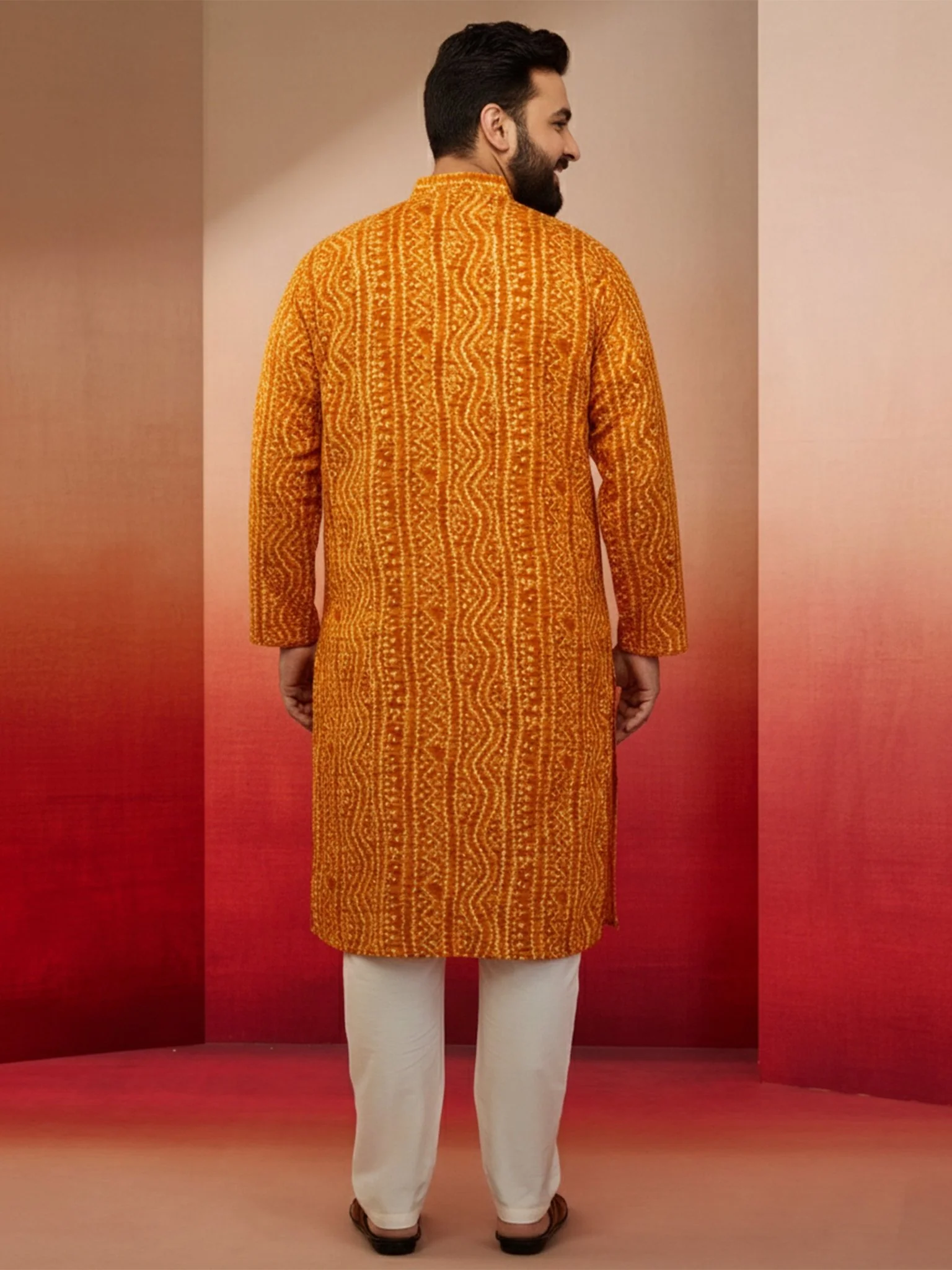 Men's Mustard Bandhani Print Kurta with Cream Pyjama - Image 4