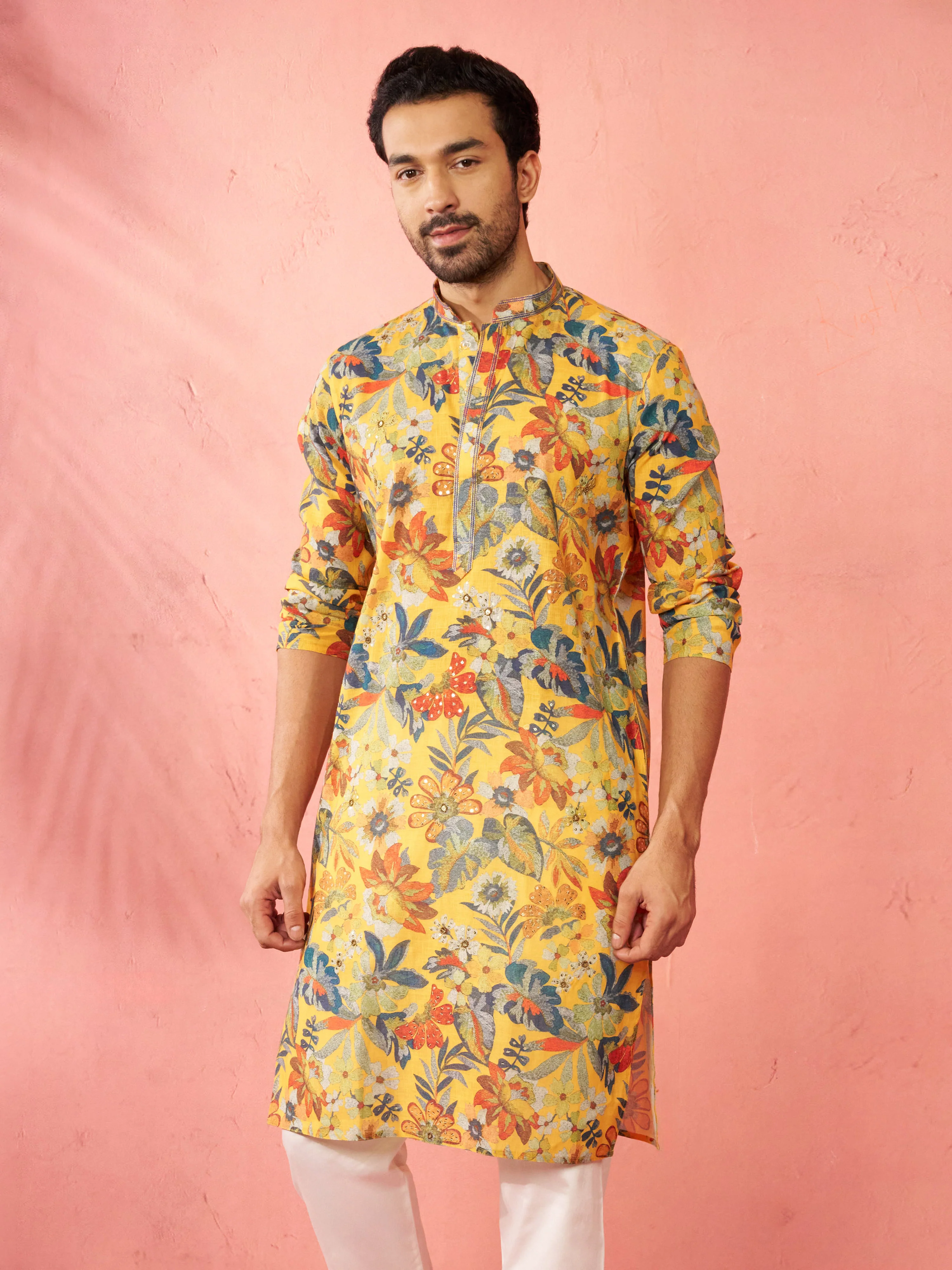 Men's Mustard Cotton Linen Long Kurta - Image 3
