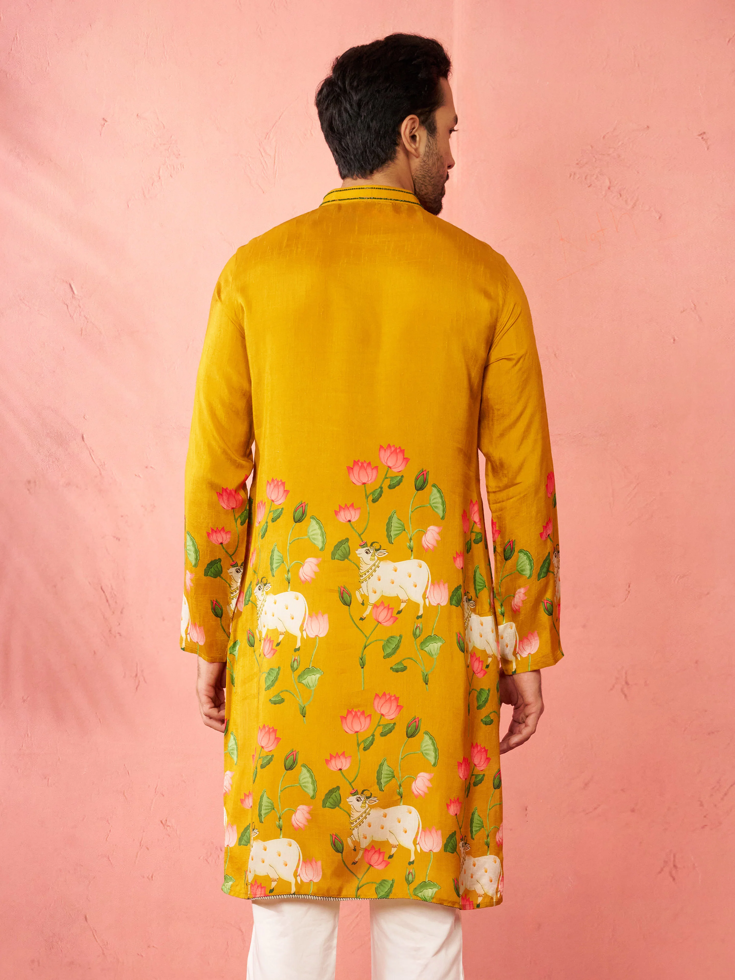 Men's Mustard Digital Print Long Kurta - Image 5