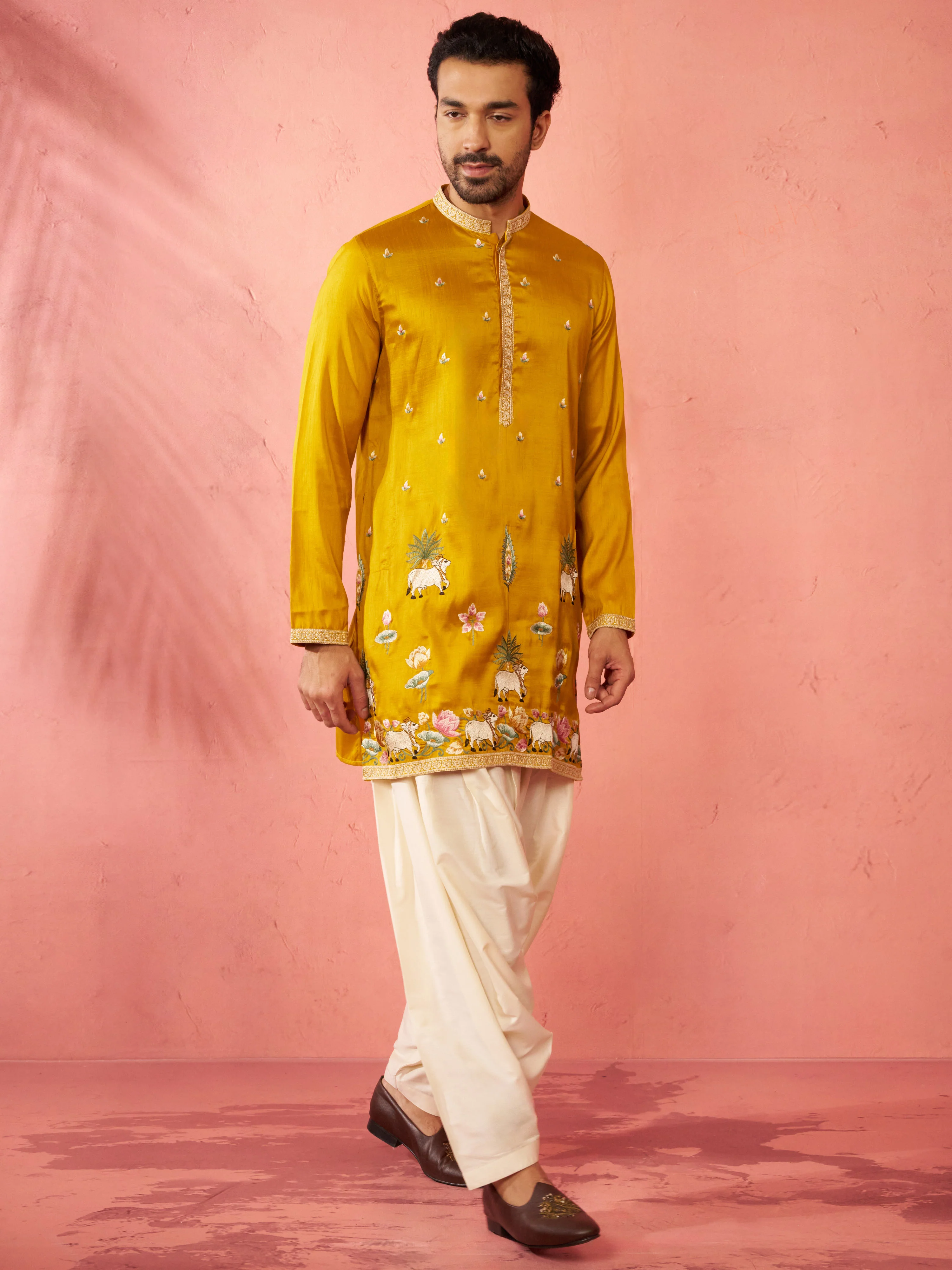 Men's Mustard Silk Blend Embroidered Kurta with Cream Patiala - Image 4