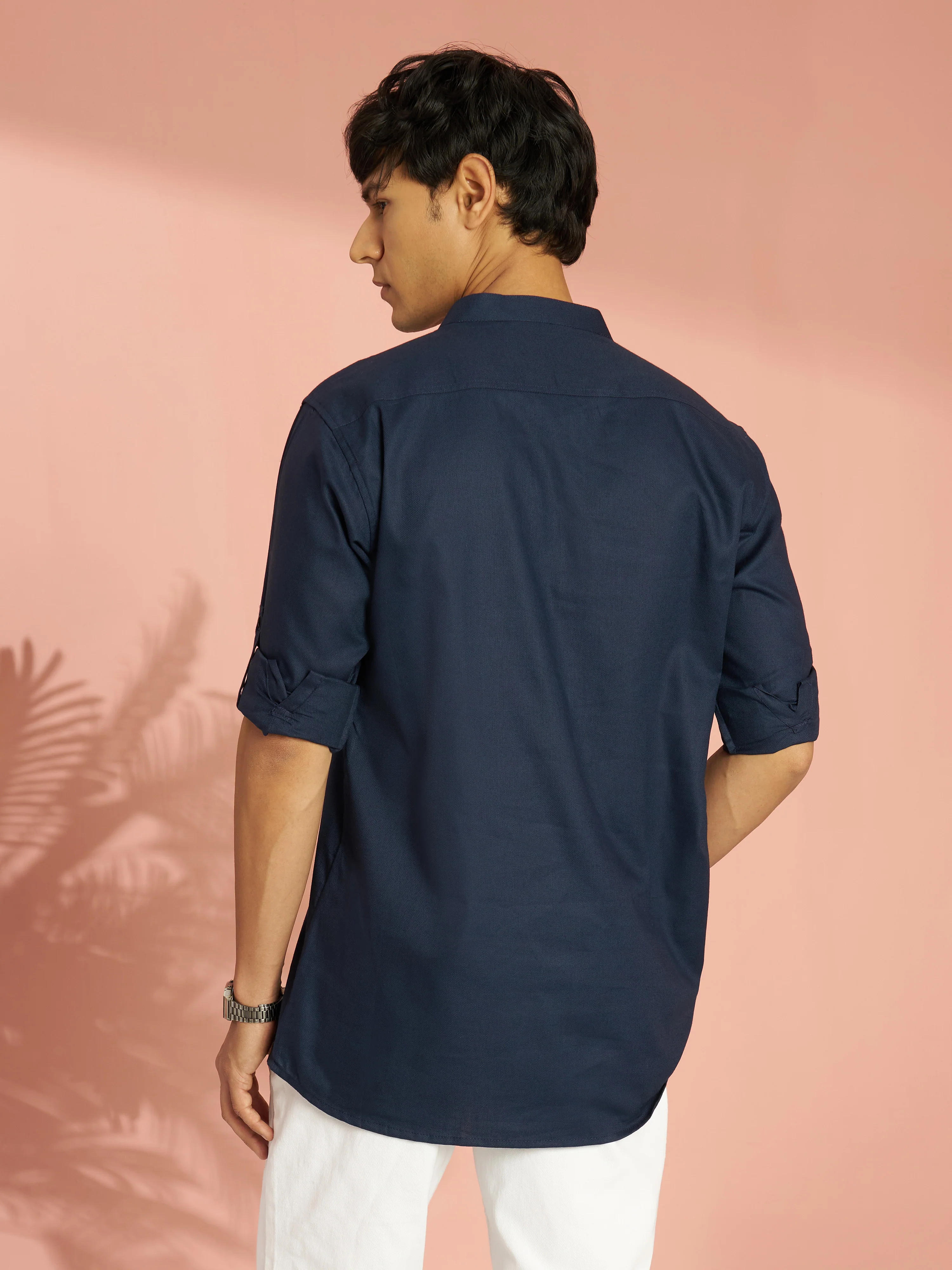 Men's Navy Blue Cotton Blend Solid Short Kurta with Zip - Image 5