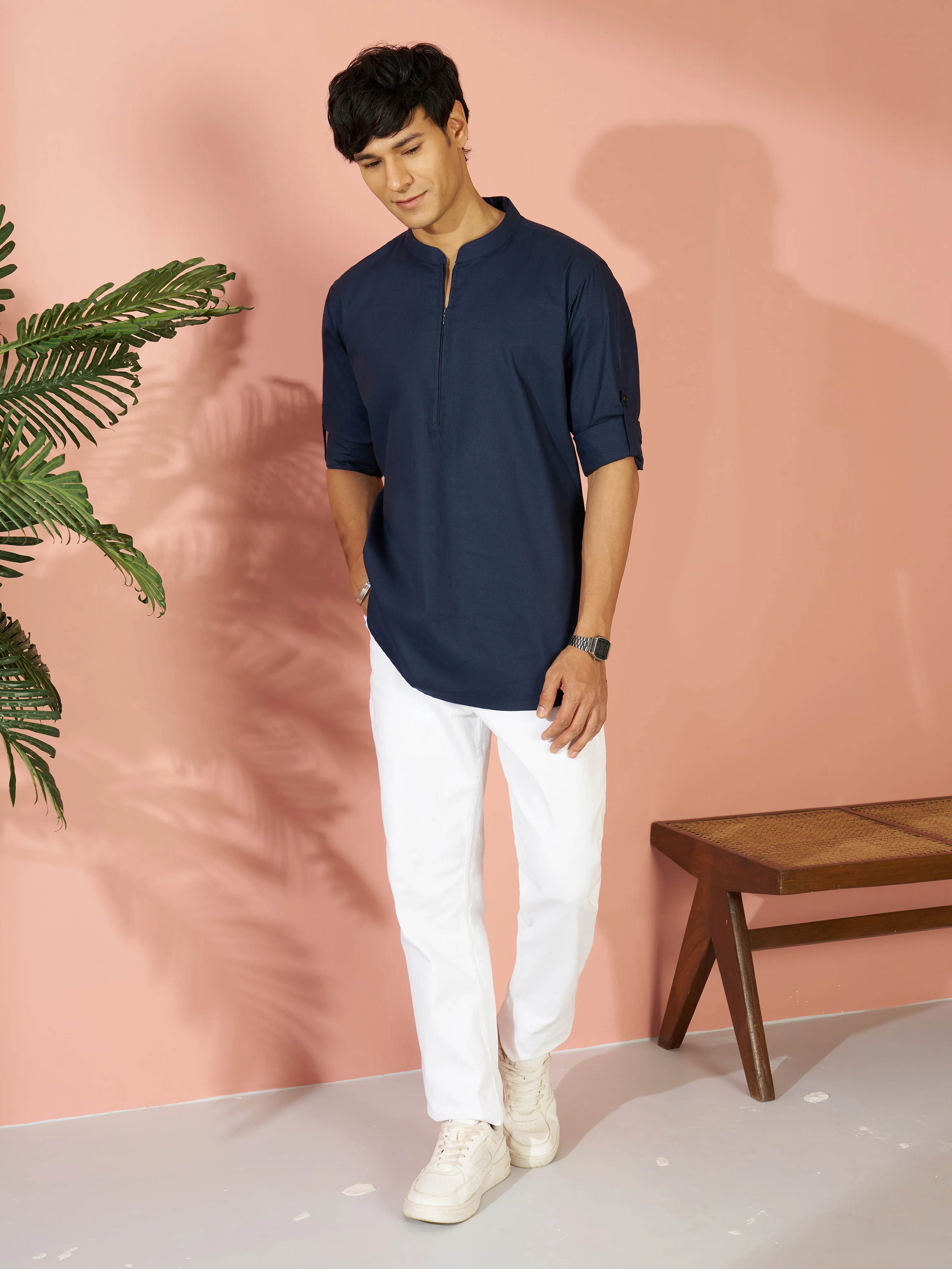 Men's Navy Blue Cotton Blend Solid Short Kurta with Zip - Image 6