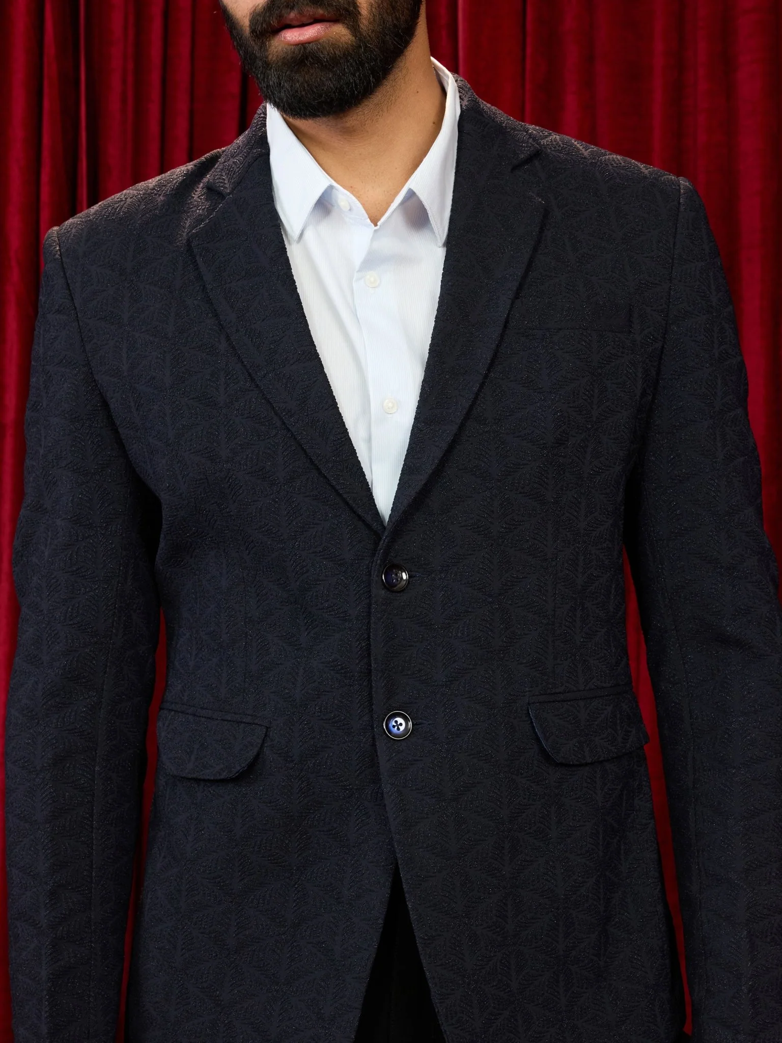 Men's Navy Blue Embossed Bafta Blazer & Black Straight Pant Co-ord Set - Image 2
