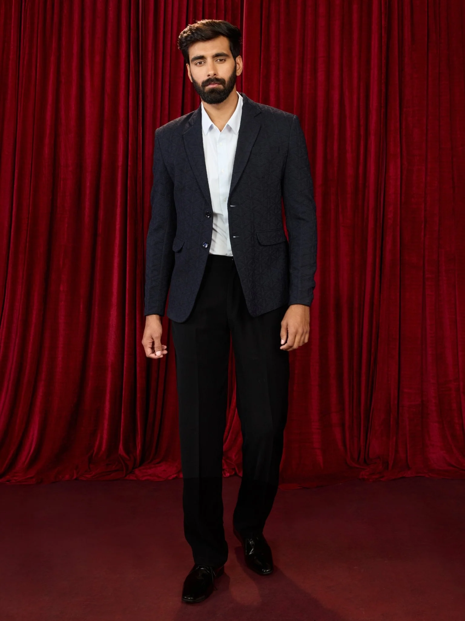 Men's Navy Blue Embossed Bafta Blazer & Black Straight Pant Co-ord Set - Image 3