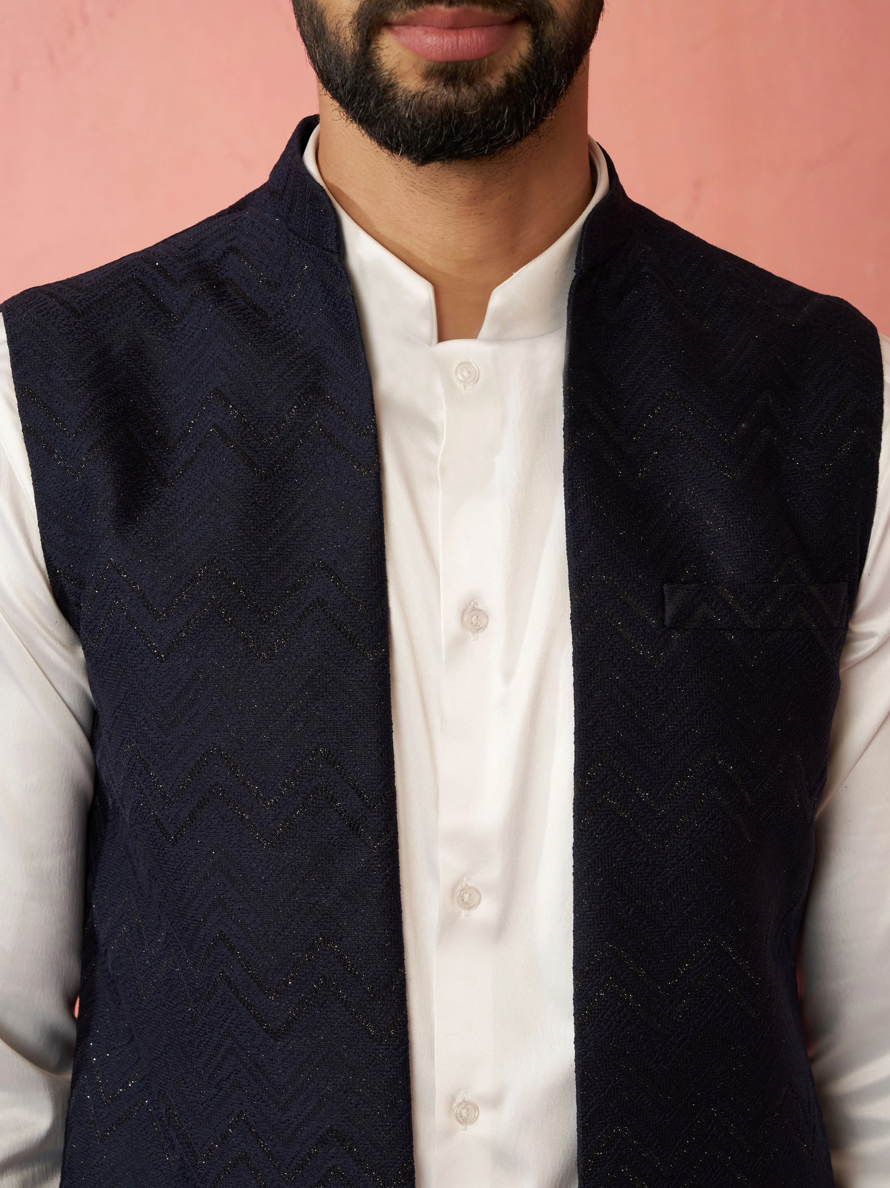 Men's Navy Blue Nehru Jacket with Cream Kurta Trouser - Image 2