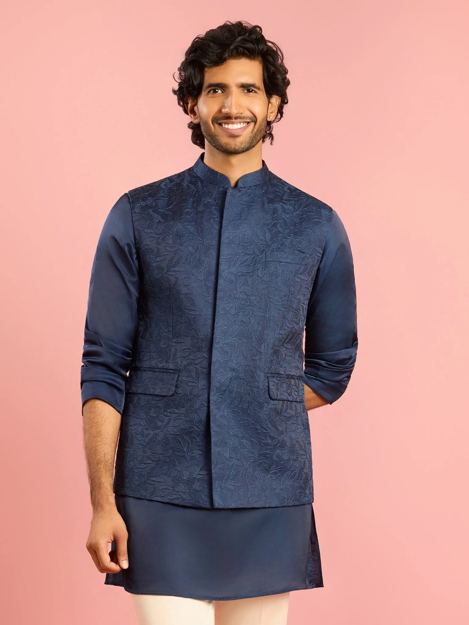 Men's Navy Blue Silk Blend Nehru Jacket - Image 3