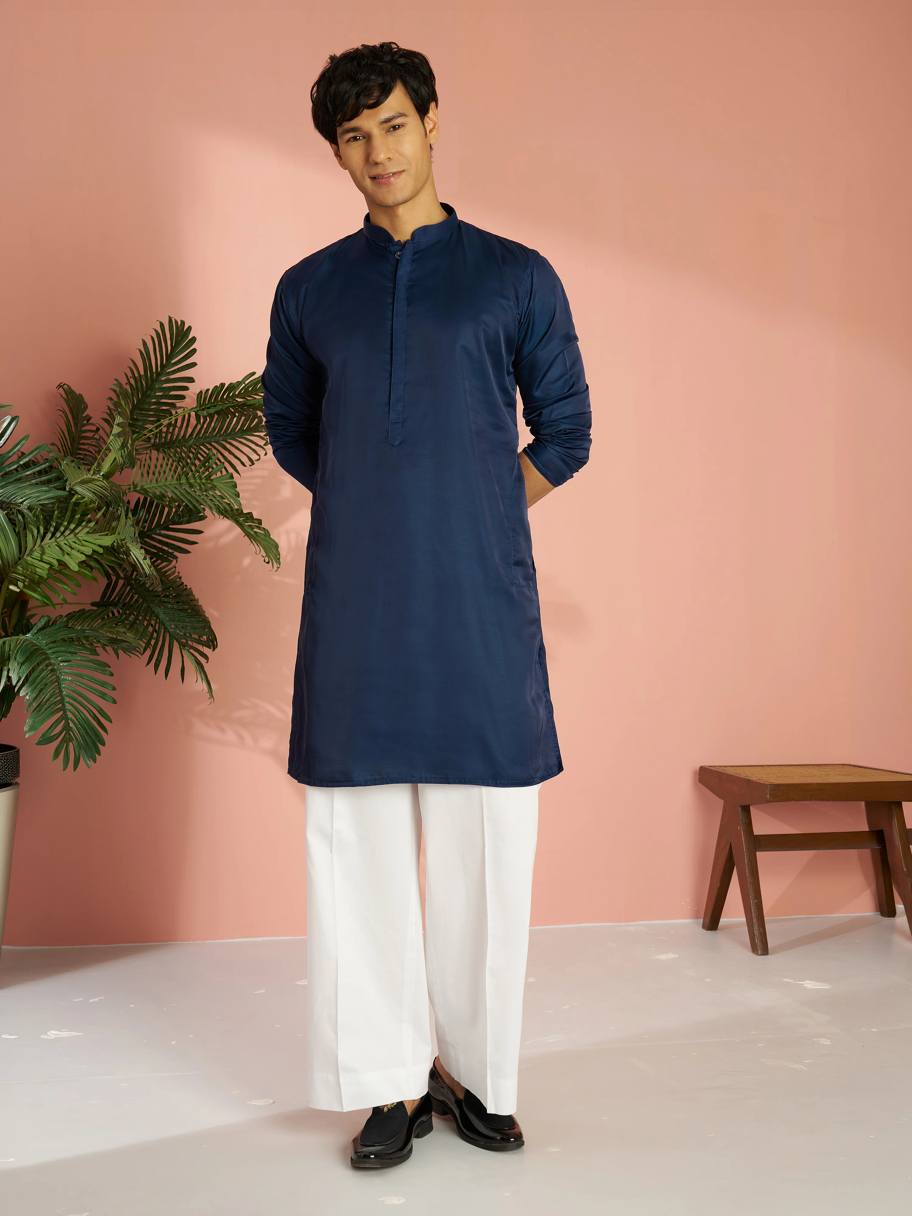 Men's Navy Blue Silk Blend Solid Kurta with Cream Fine Satin Wide Leg Pant Set