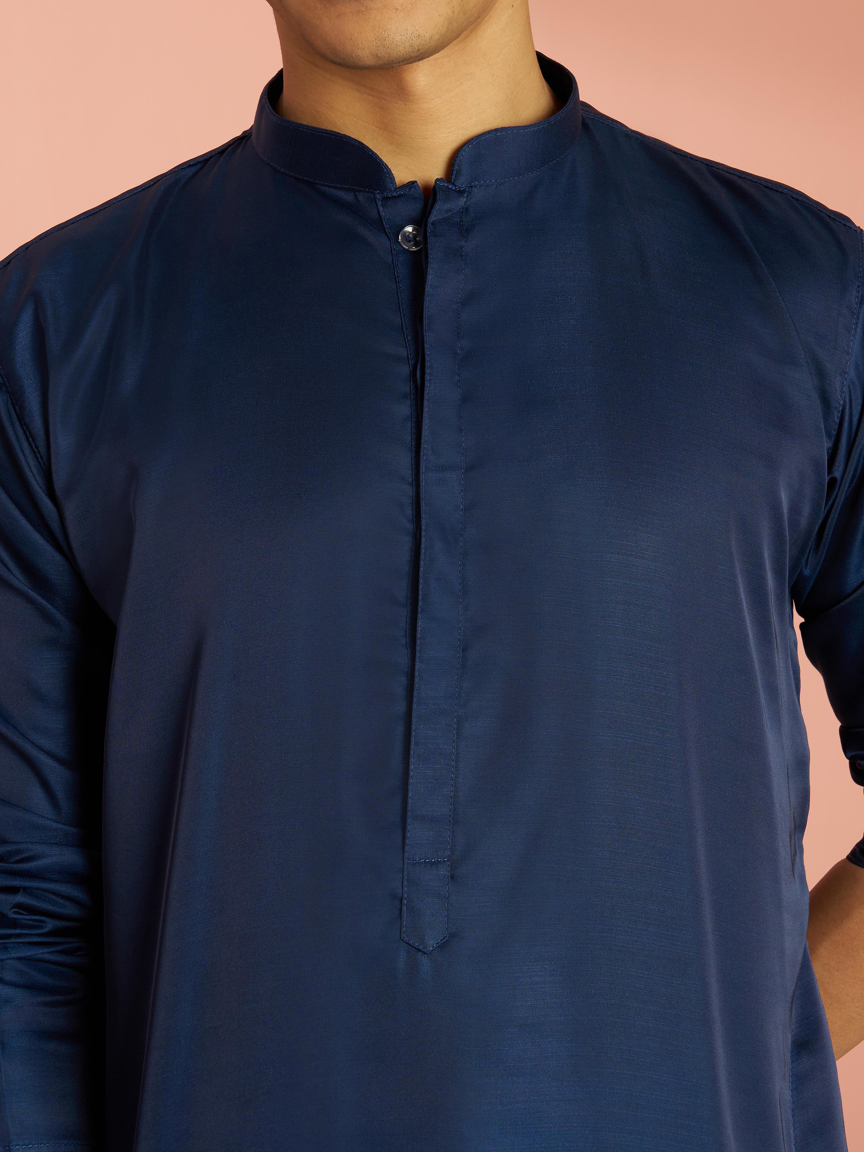 Men's Navy Blue Silk Blend Solid Kurta with Cream Fine Satin Wide Leg Pant Set - Image 2
