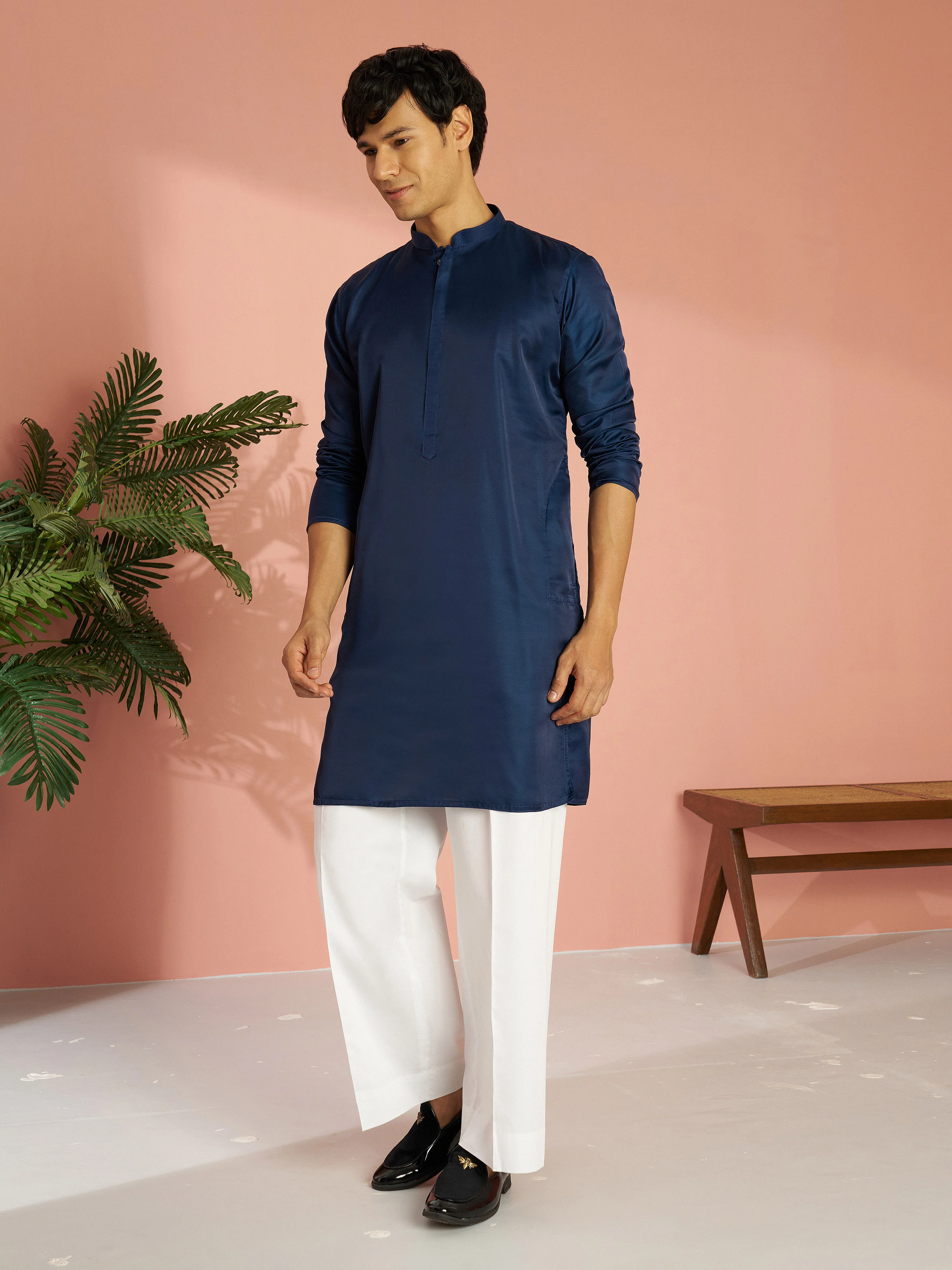 Men's Navy Blue Silk Blend Solid Kurta with Cream Fine Satin Wide Leg Pant Set - Image 3