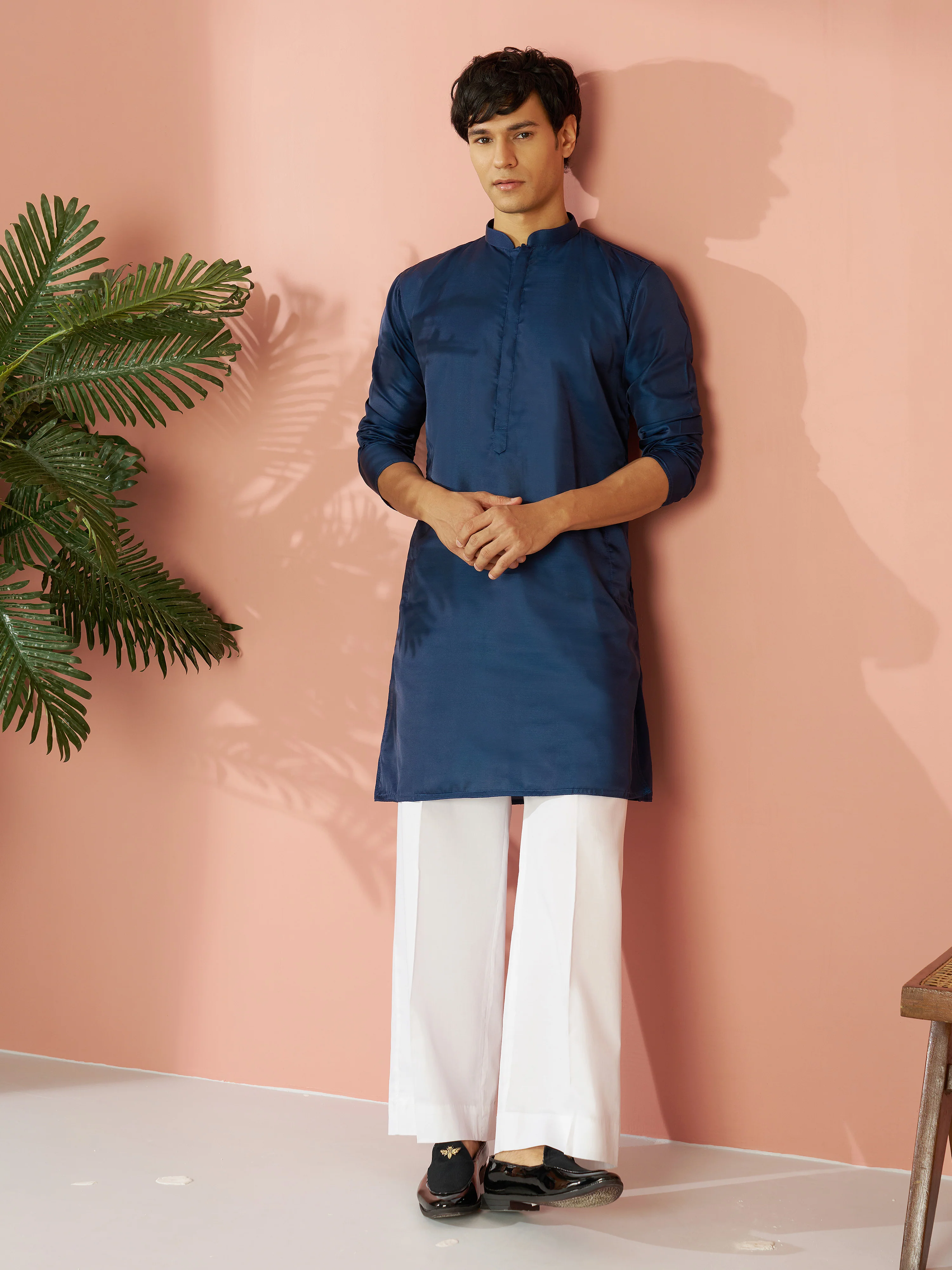 Men's Navy Blue Silk Blend Solid Kurta with Cream Fine Satin Wide Leg Pant Set - Image 4