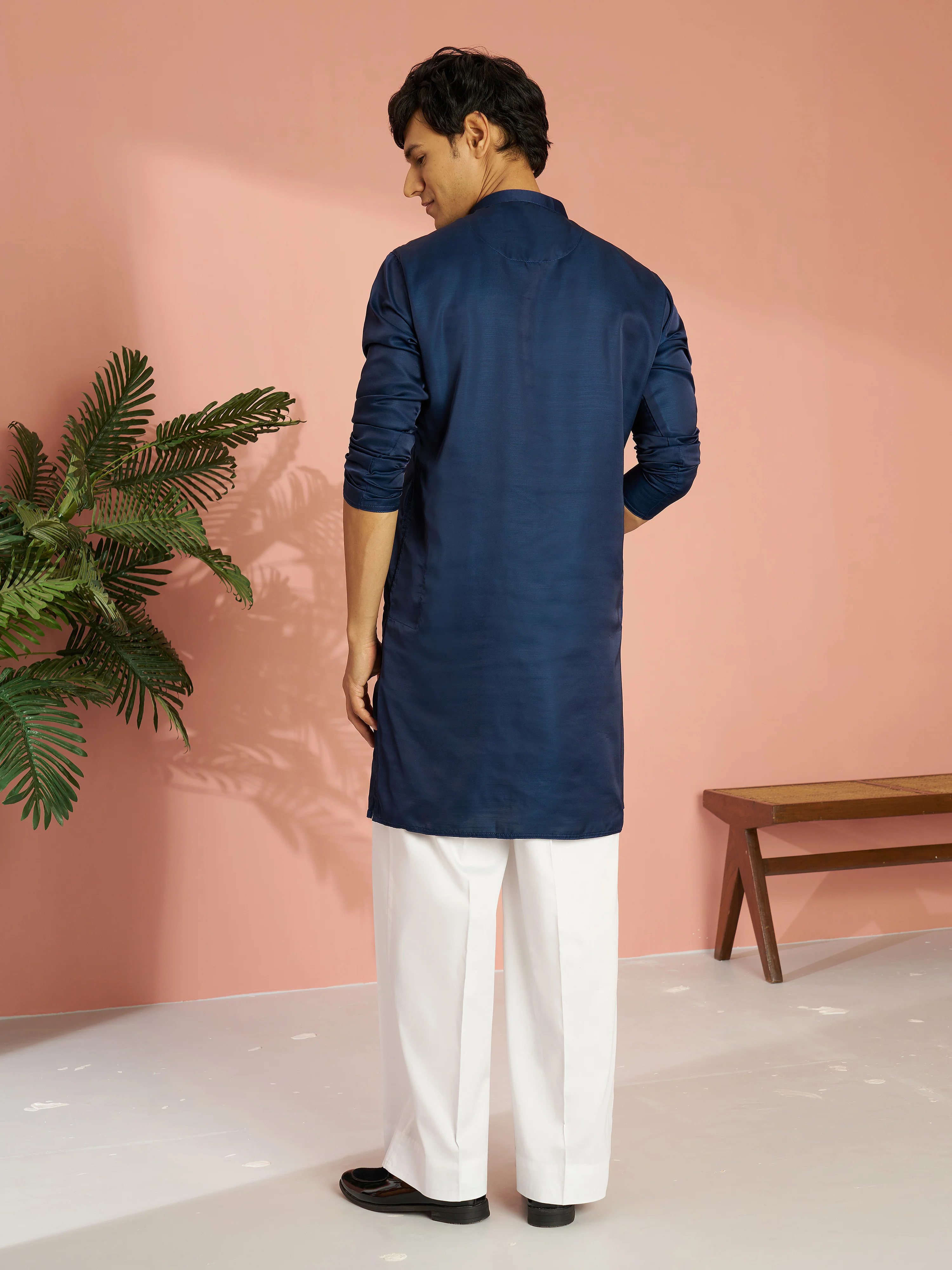 Men's Navy Blue Silk Blend Solid Kurta with Cream Fine Satin Wide Leg Pant Set - Image 5