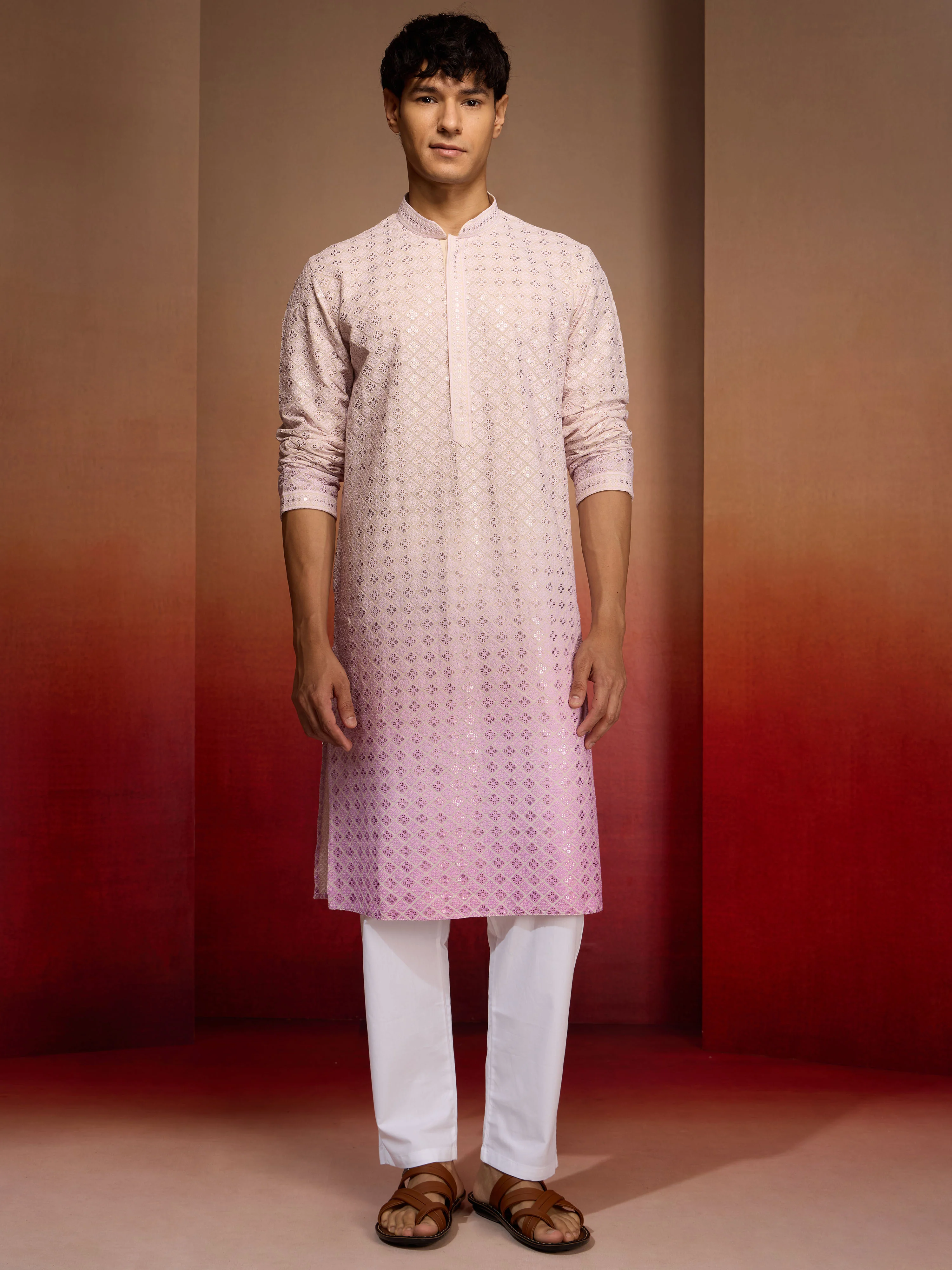 Men's Onion Cotton Sequin Ombre Kurta with White Trousers - Image 3