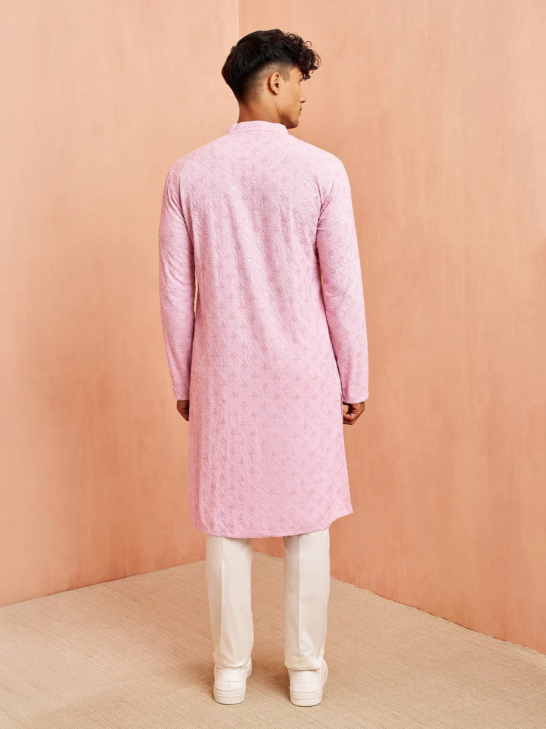 Men's Onion Rayon Chikankari Sequin Embroidered Kurta Pyjama Set - Image 5