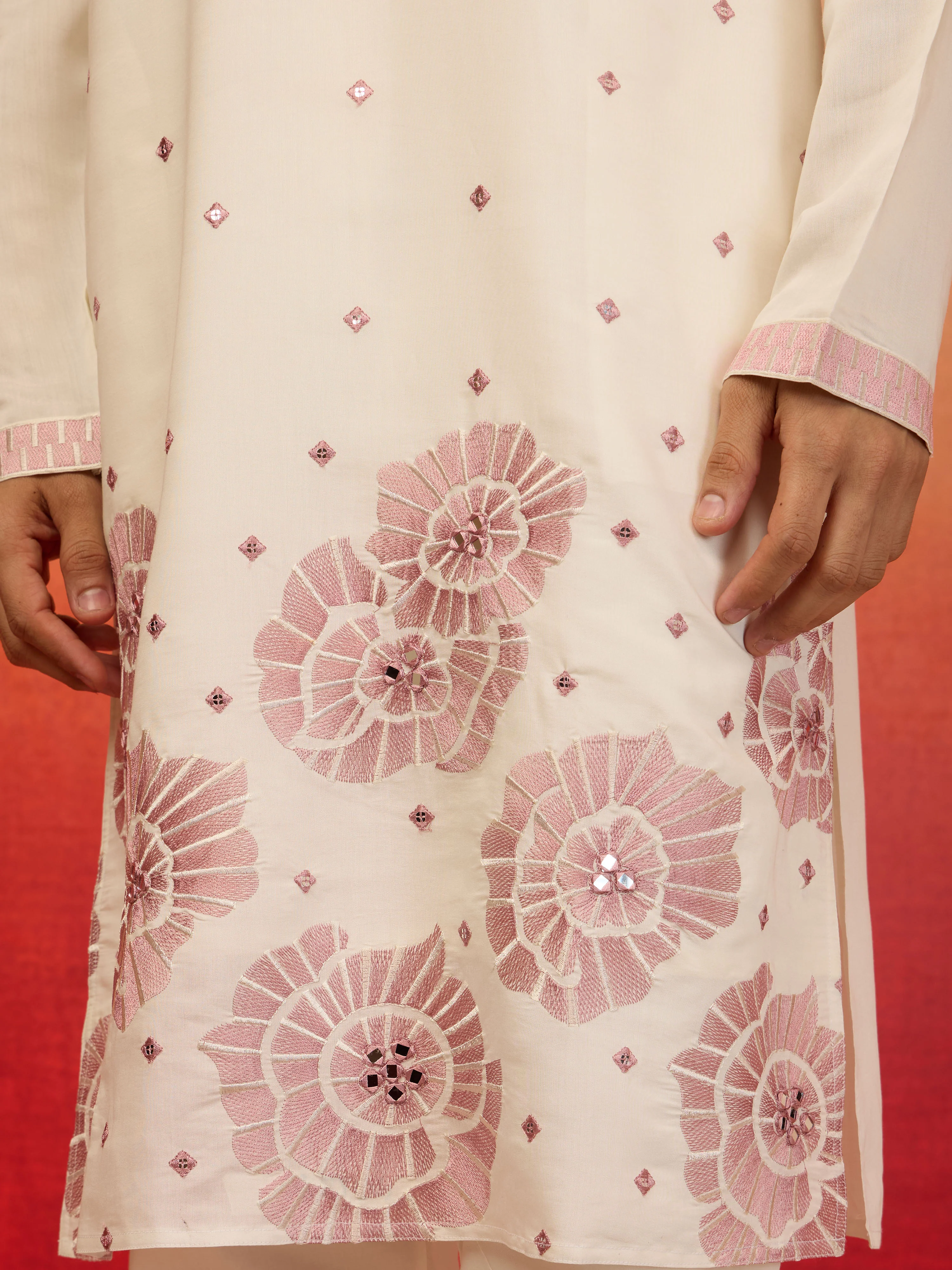 Men's Onion Silk Blend Embroidered Kurta with Cream Pyjama - Image 6