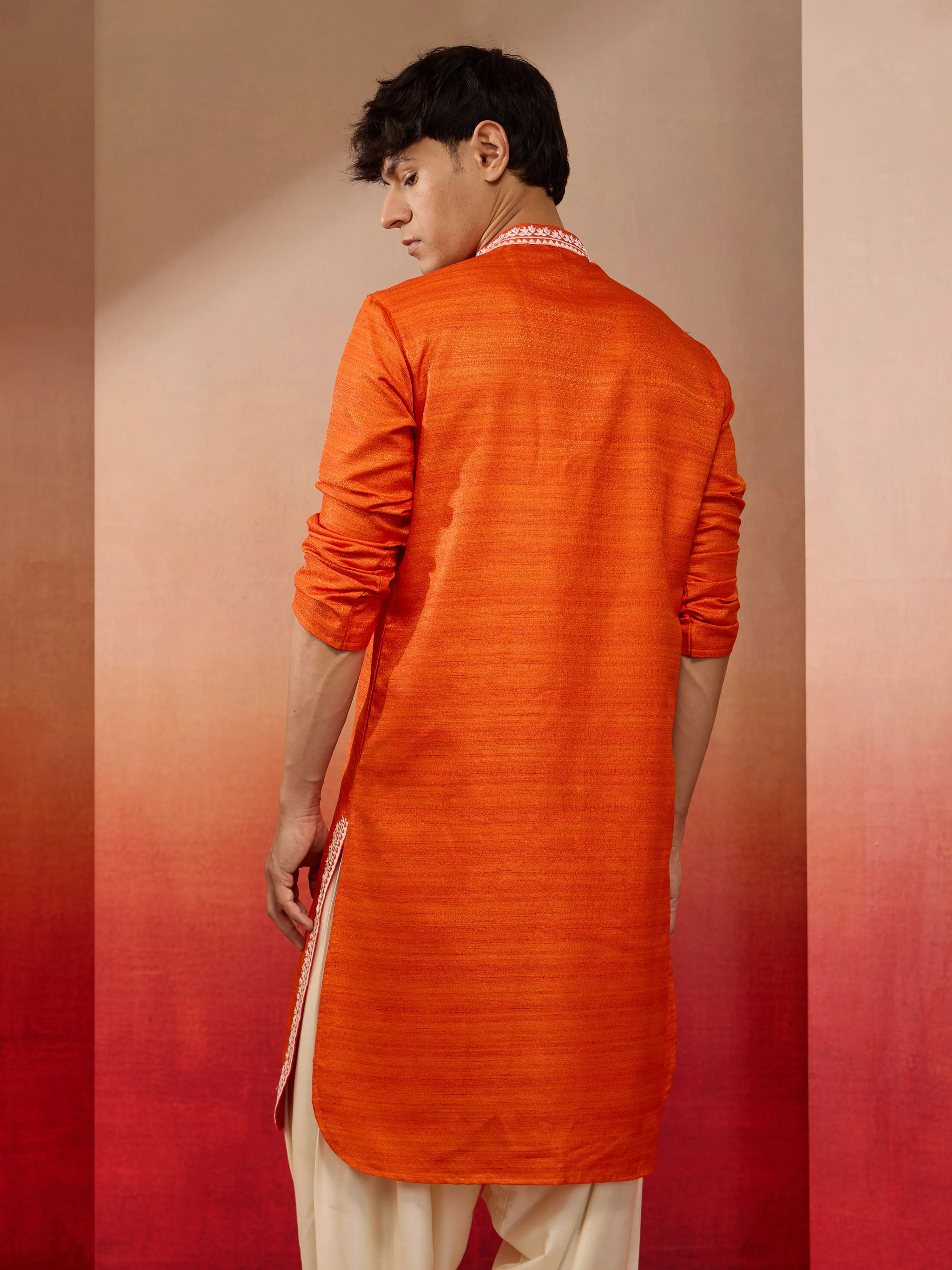 Men's Orange Hand Embroidered Silk Kurta - Image 5