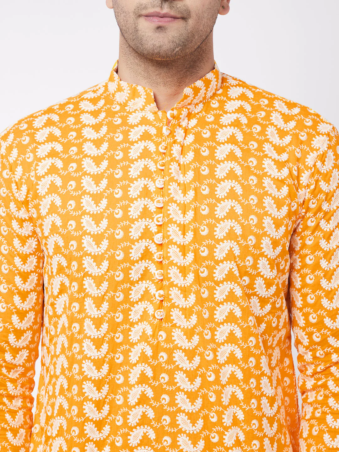Men's Orange Pure Cotton Chikankari Kurta - Image 4
