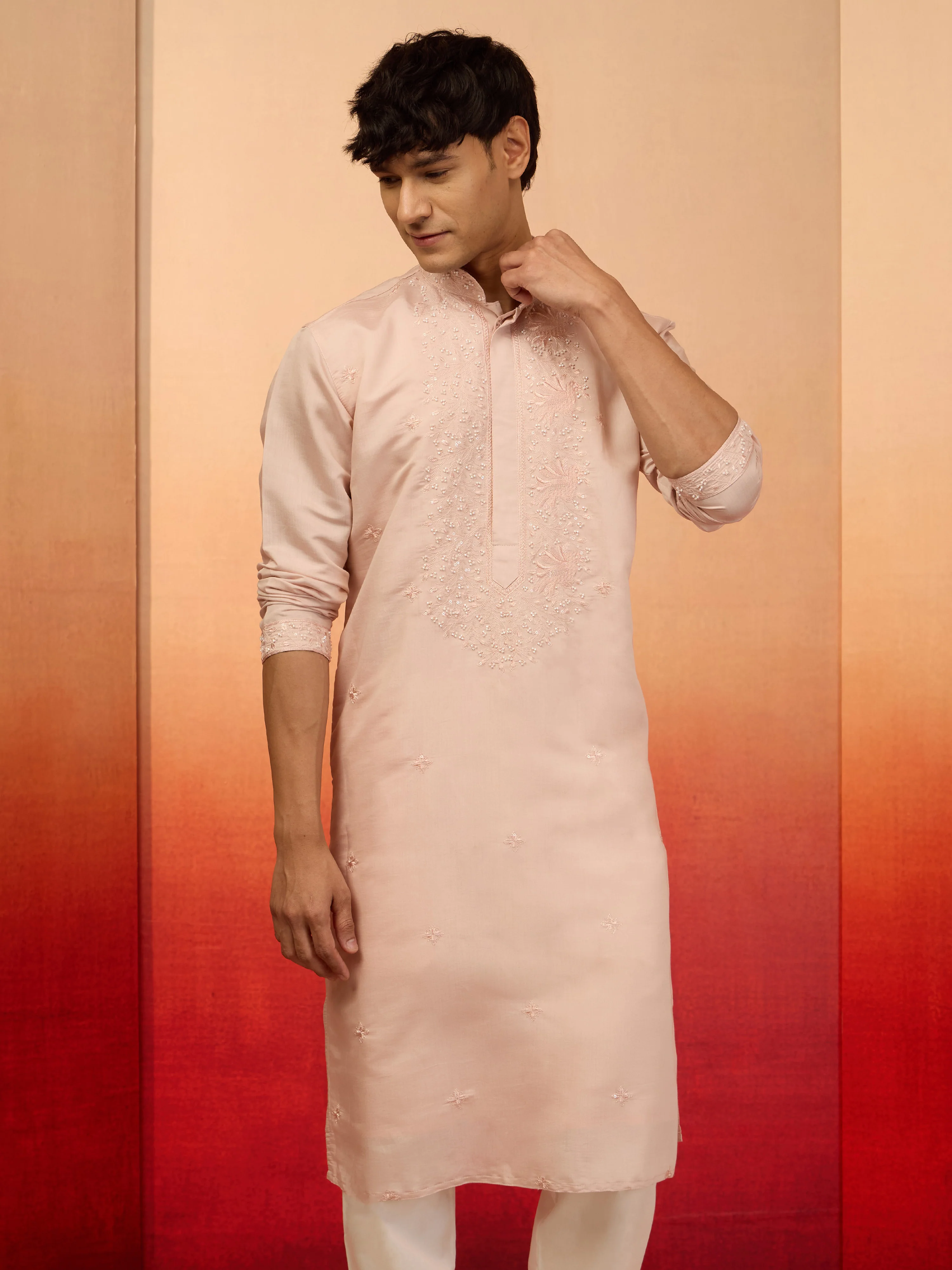 Men's Peach Embroidered Silk Kurta - Image 3