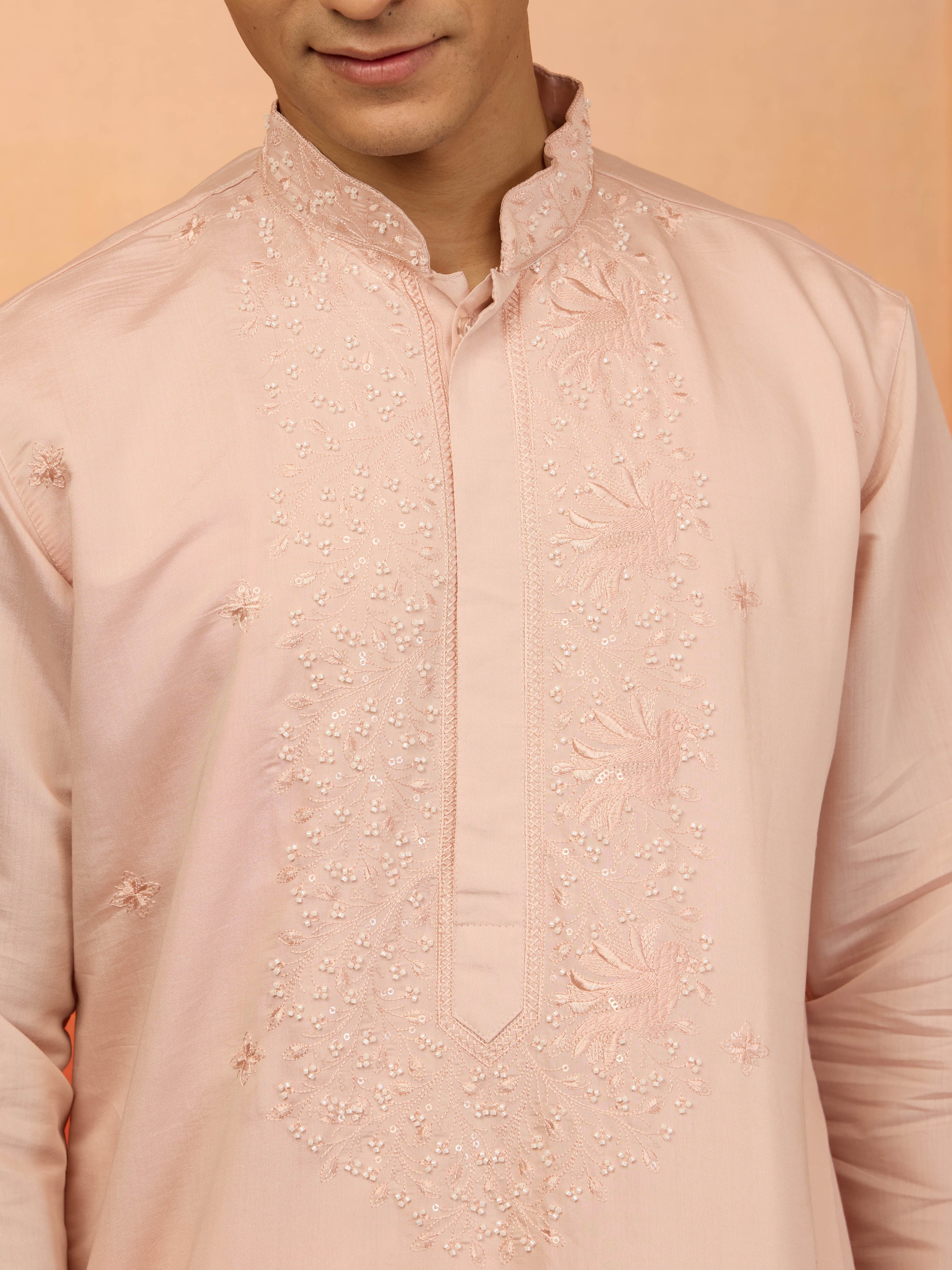 Men's Peach Silk Blend Embroidered Kurta with Cream Pyjama - Image 2