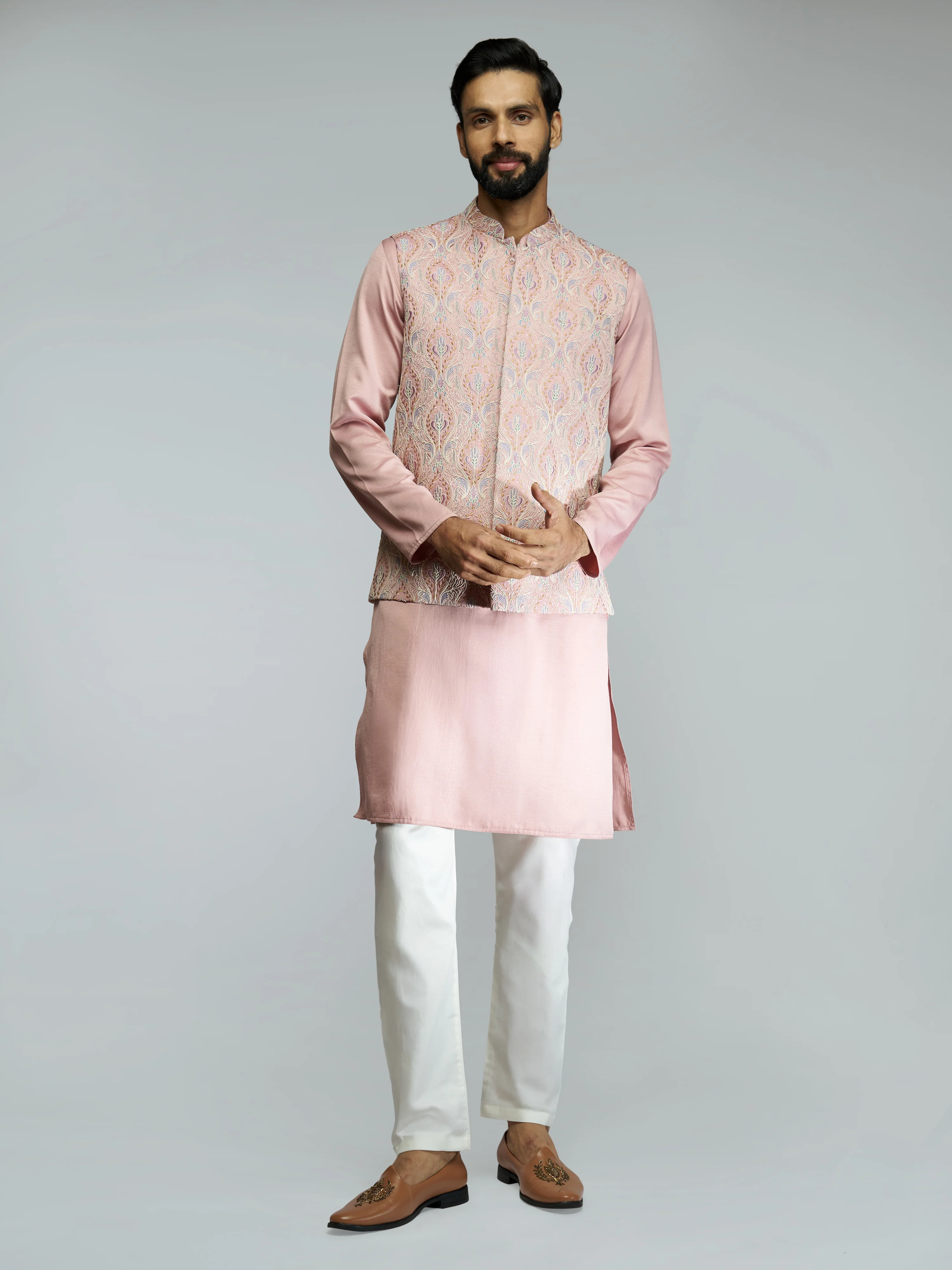 Men's Peach Silk Blend Thread & Chord Embroidered Nehru Jacket Kurta Set with Cream Fine Satin Pyjama Combo - Image 4