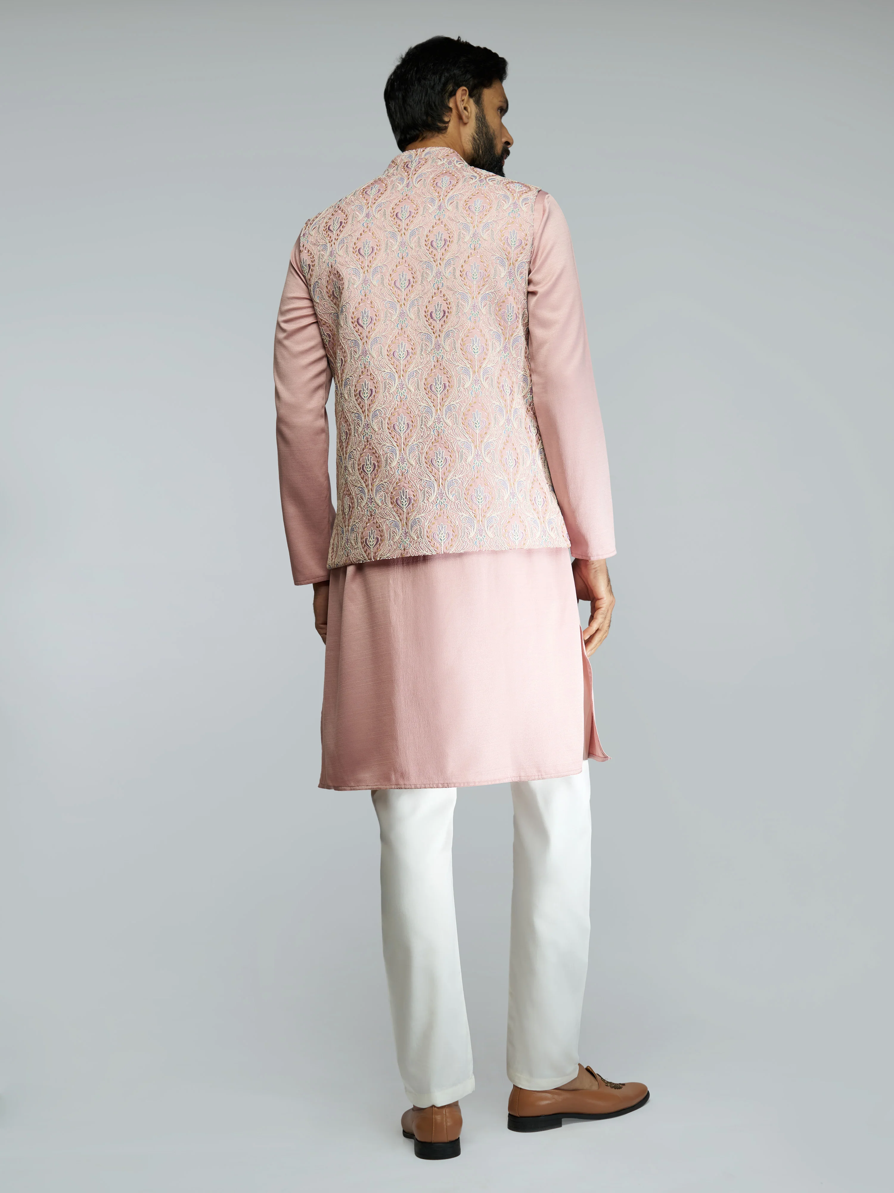 Men's Peach Silk Blend Thread & Chord Embroidered Nehru Jacket Kurta Set with Cream Fine Satin Pyjama Combo - Image 5