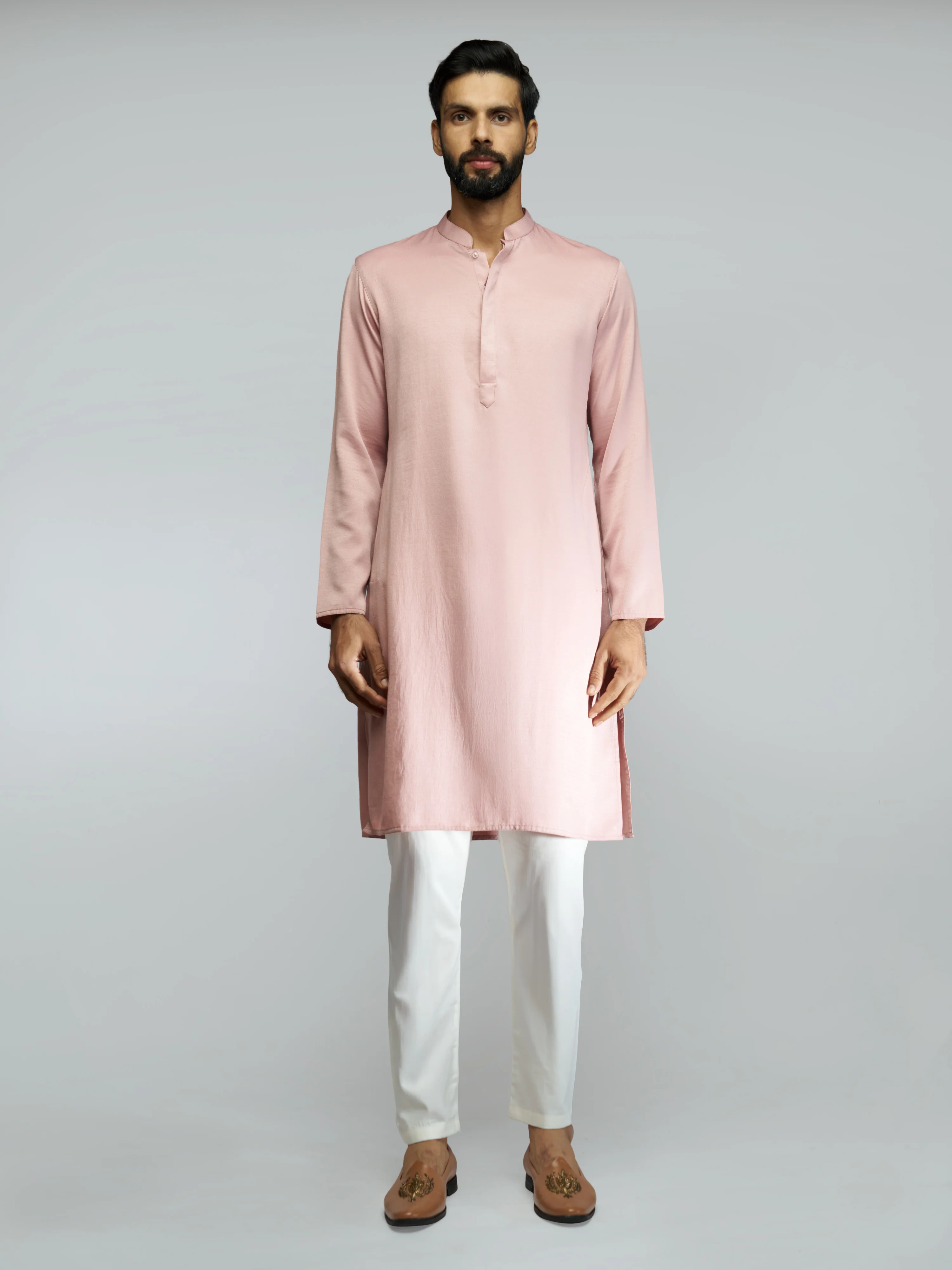 Men's Peach Silk Blend Thread & Chord Embroidered Nehru Jacket Kurta Set with Cream Fine Satin Pyjama Combo - Image 6