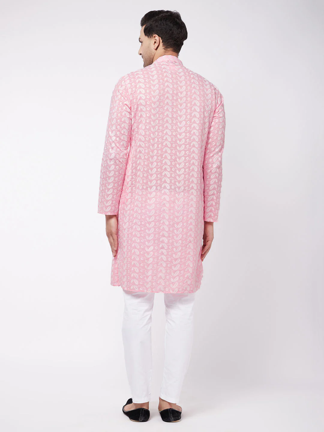 Men's Pink Pure Cotton Chikankari Kurta With Pant Set - Image 3