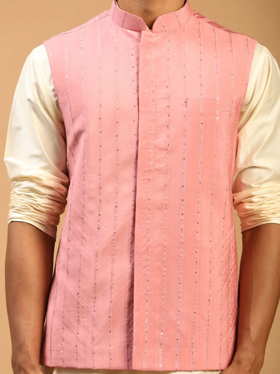 Men's Pink Sequin Nehru Jacket Set with Cream Kurta & Viscose Pyjama - Image 2